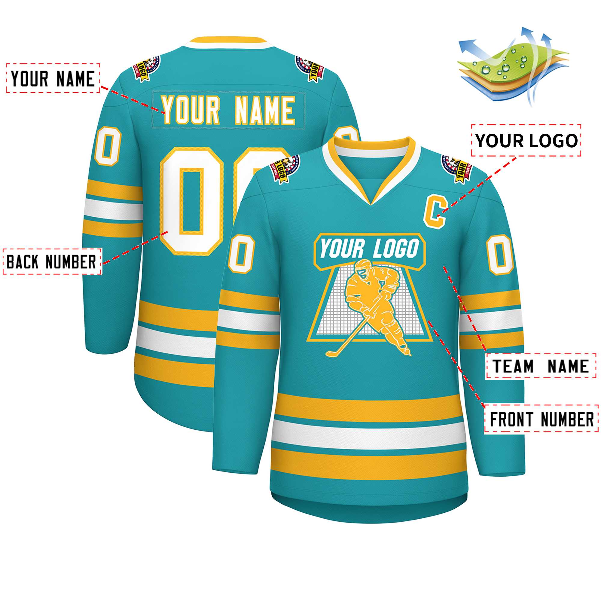 Custom Aqua White-Gold Classic Style Hockey Jersey