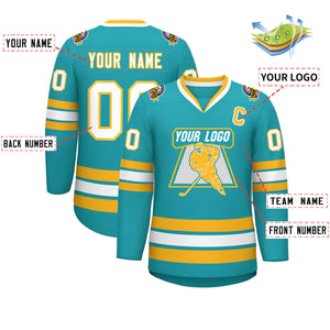 Custom Aqua White-Gold Classic Style Hockey Jersey