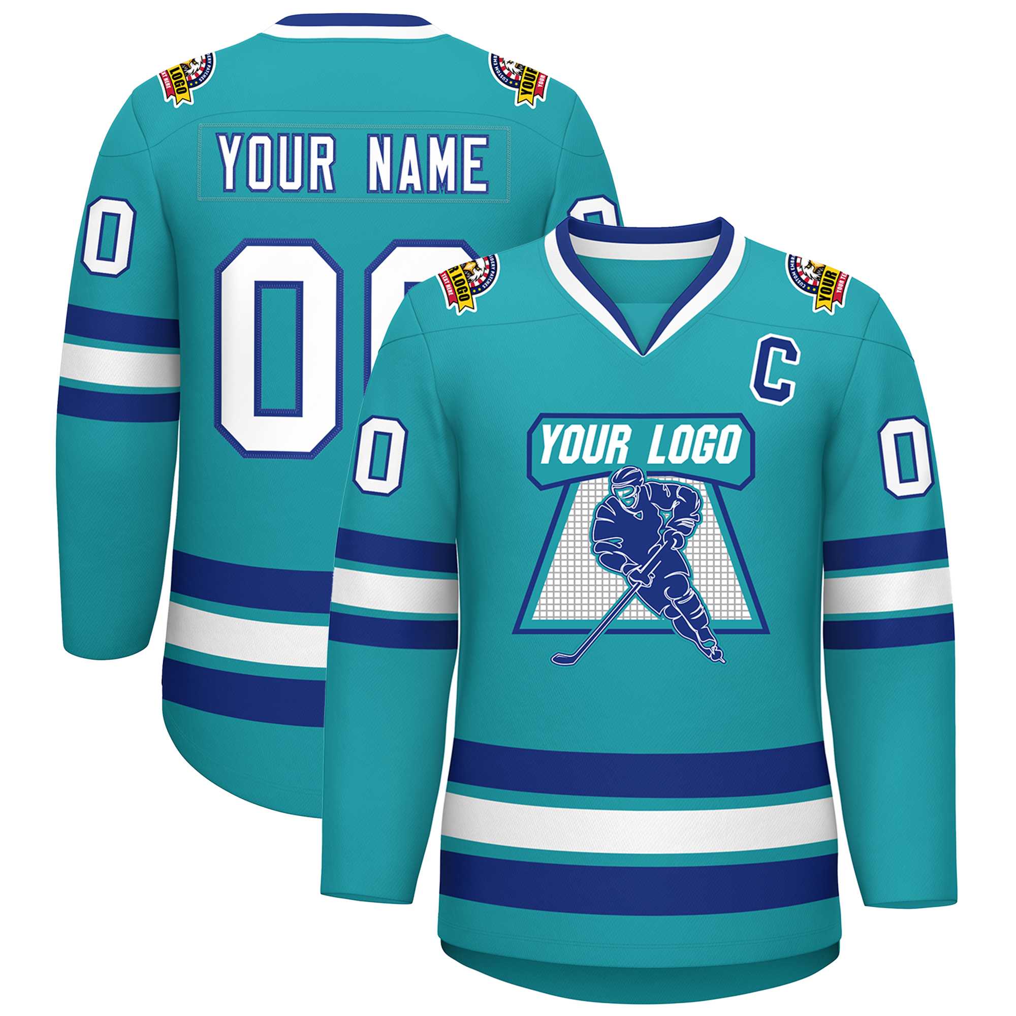 Custom Aqua White-Royal Classic Style Hockey Jersey