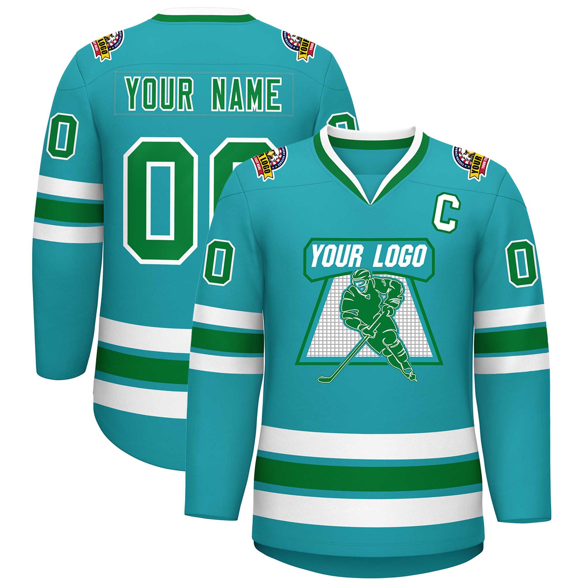 Custom Aqua Kelly Green-White Classic Style Hockey Jersey