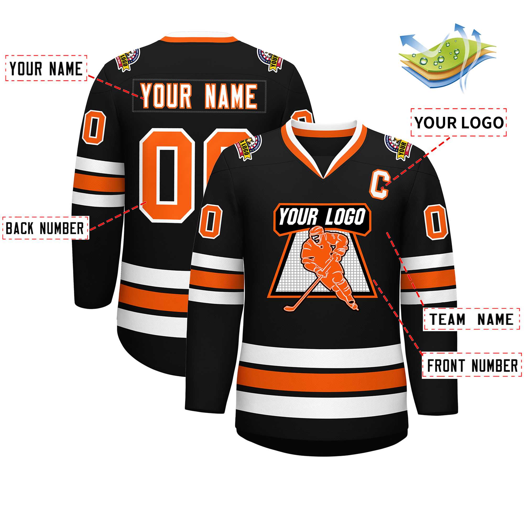 Maillot de hockey de style classique noir orange-blanc personnalisé