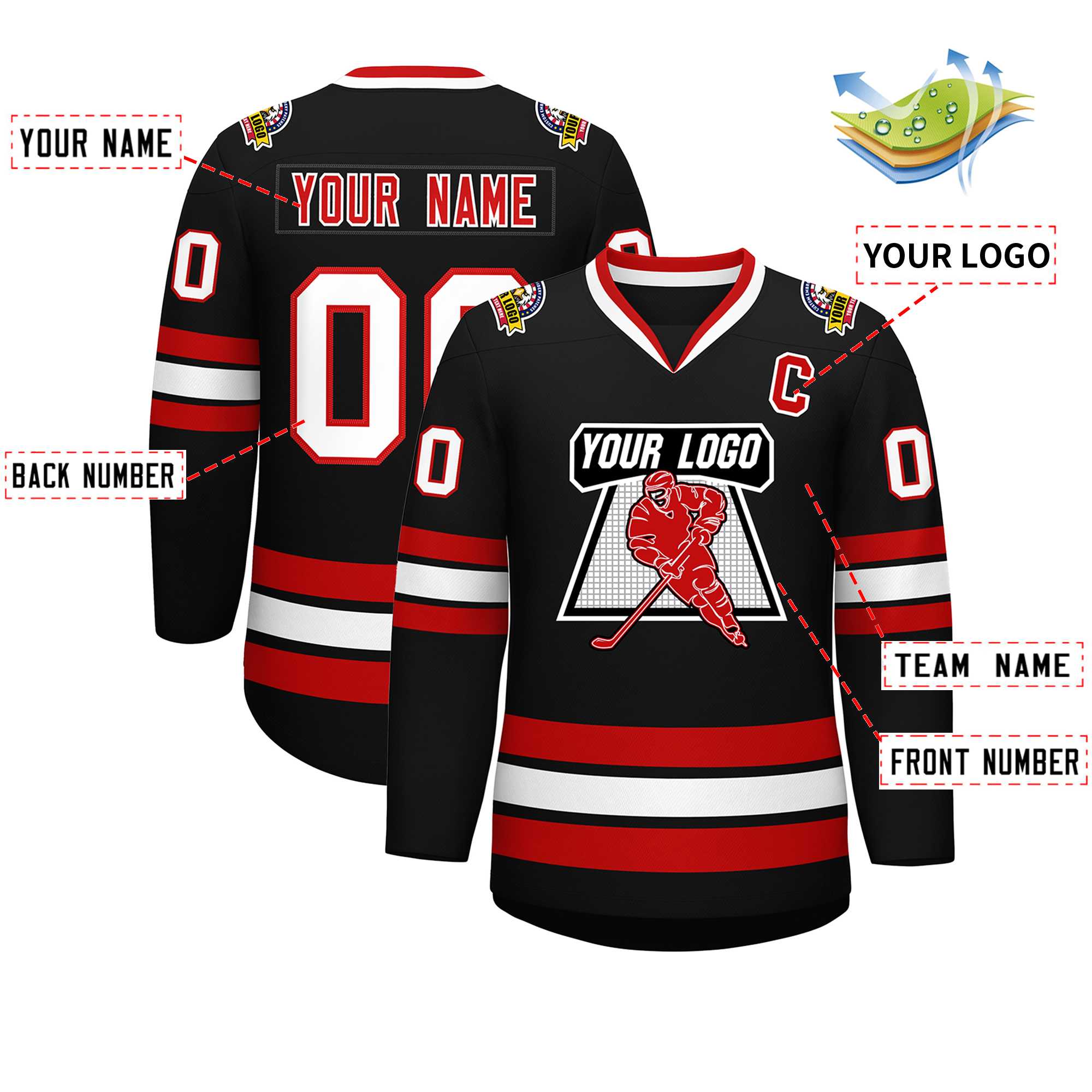 Custom Black White-Red Classic Style Hockey Jersey