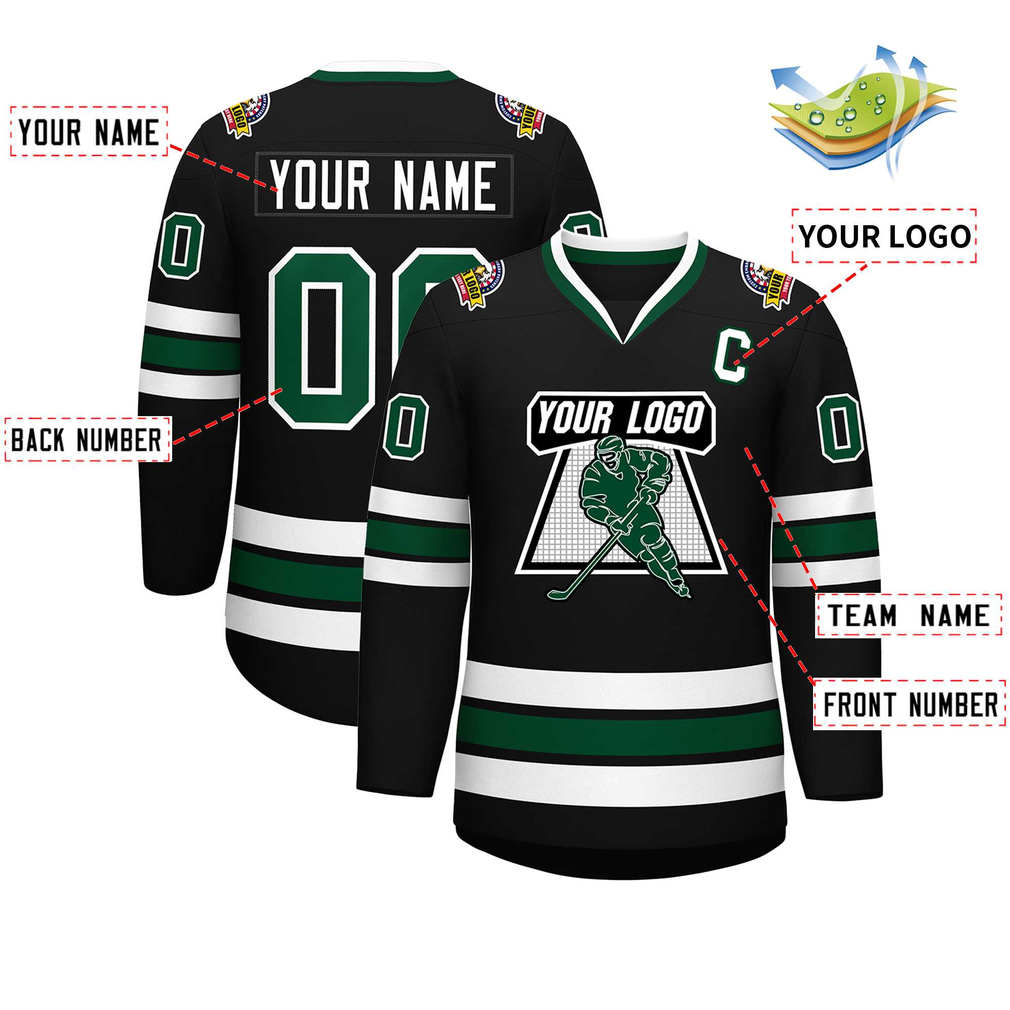 Maillot de hockey de style classique noir vert-blanc personnalisé