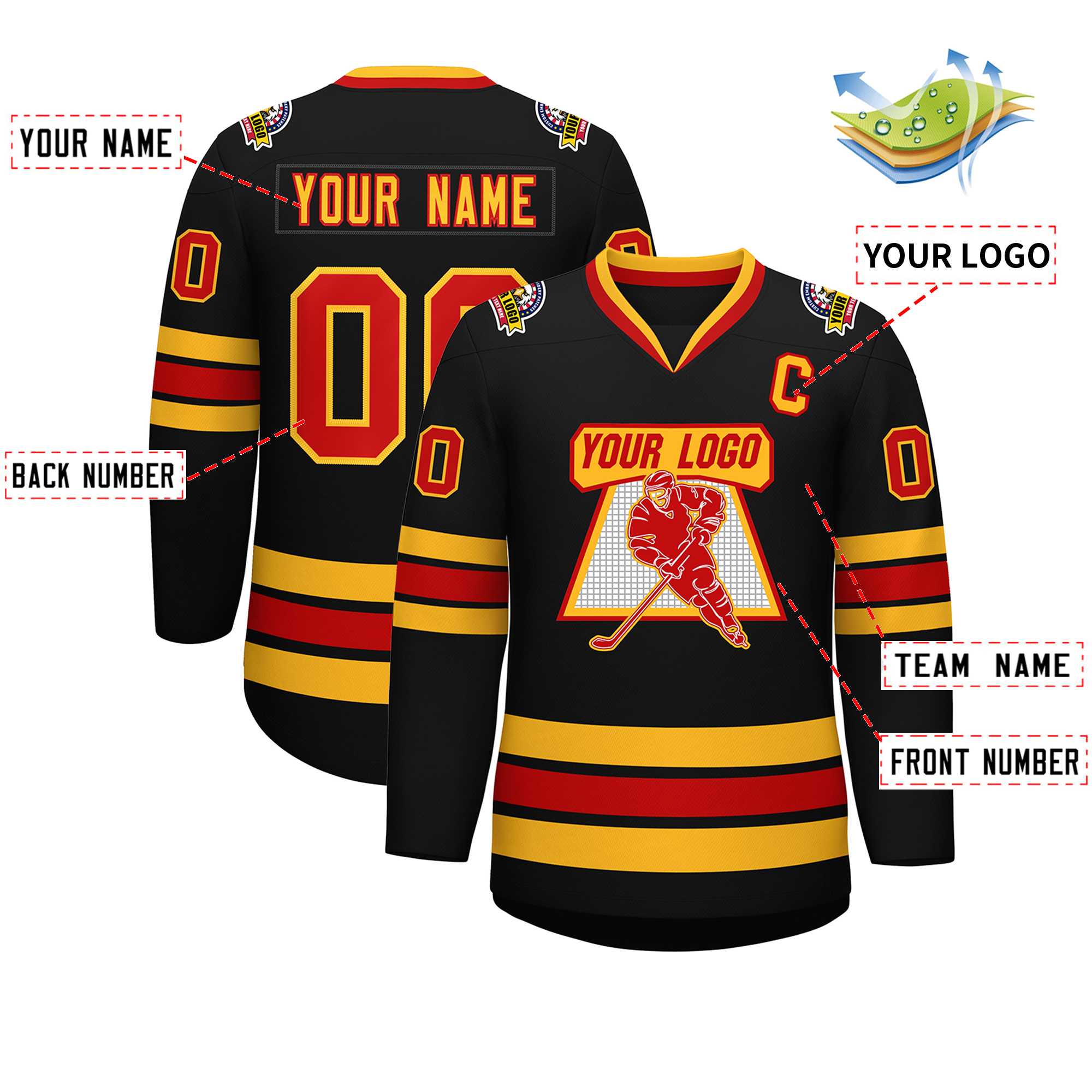 Custom Black Red-Gold Classic Style Hockey Jersey