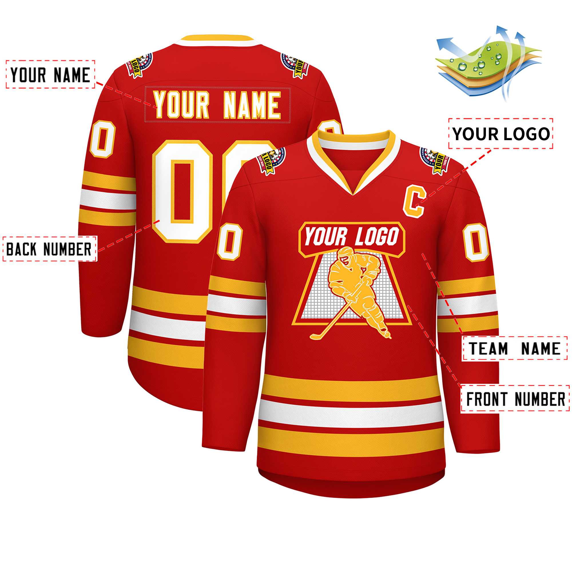 Custom Red White-Gold Classic Style Hockey Jersey