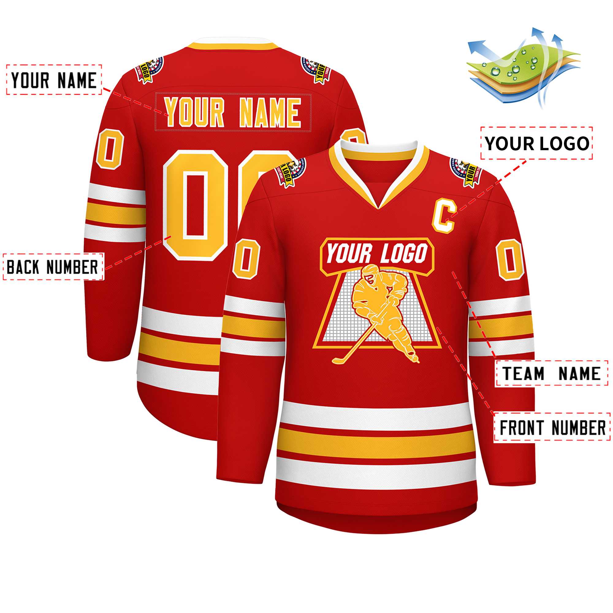 Custom Red Gold-White Classic Style Hockey Jersey