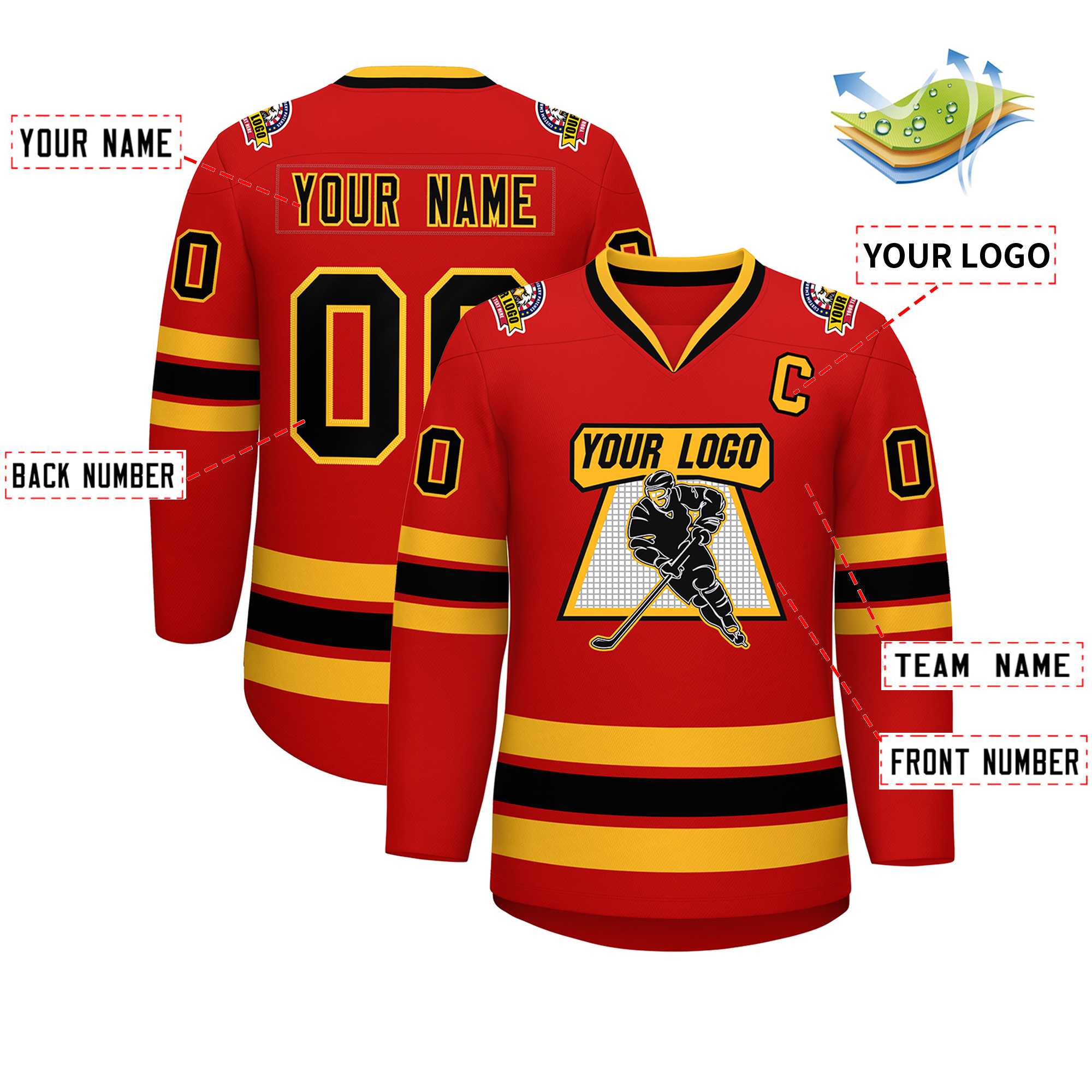 Custom Red Black-Gold Classic Style Hockey Jersey