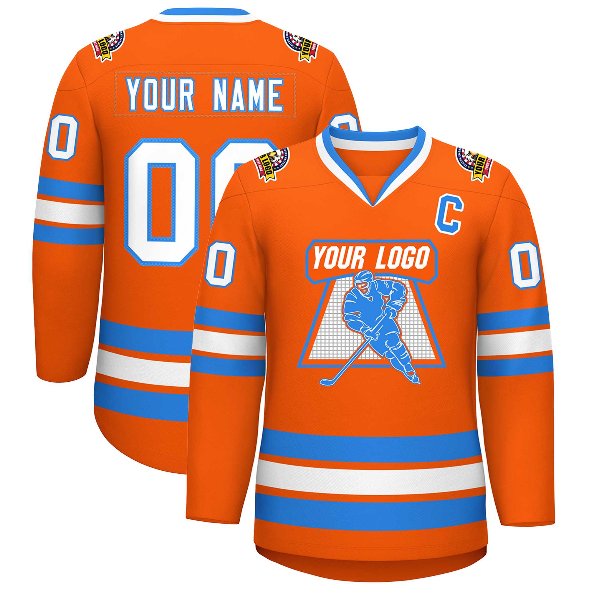 Maillot de hockey de style classique orange blanc-bleu poudre personnalisé