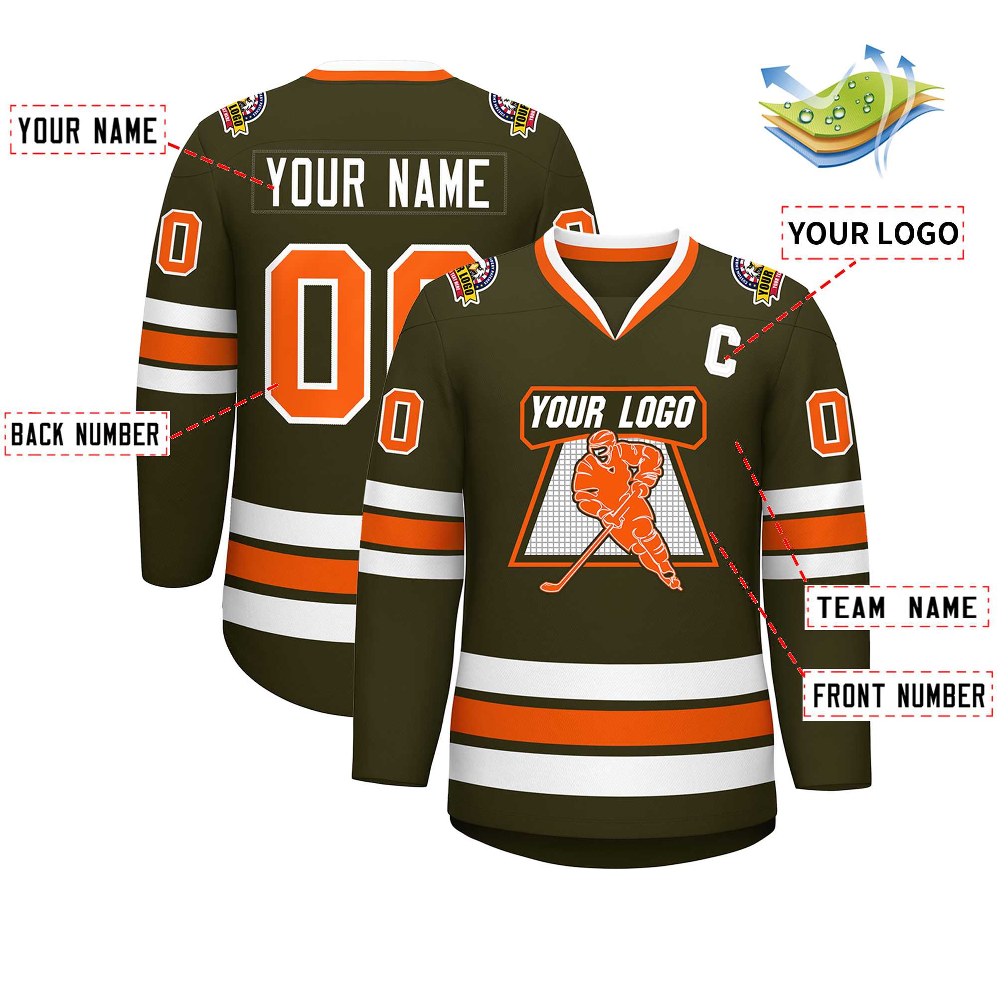 Maillot de hockey de style classique olive orange-blanc personnalisé