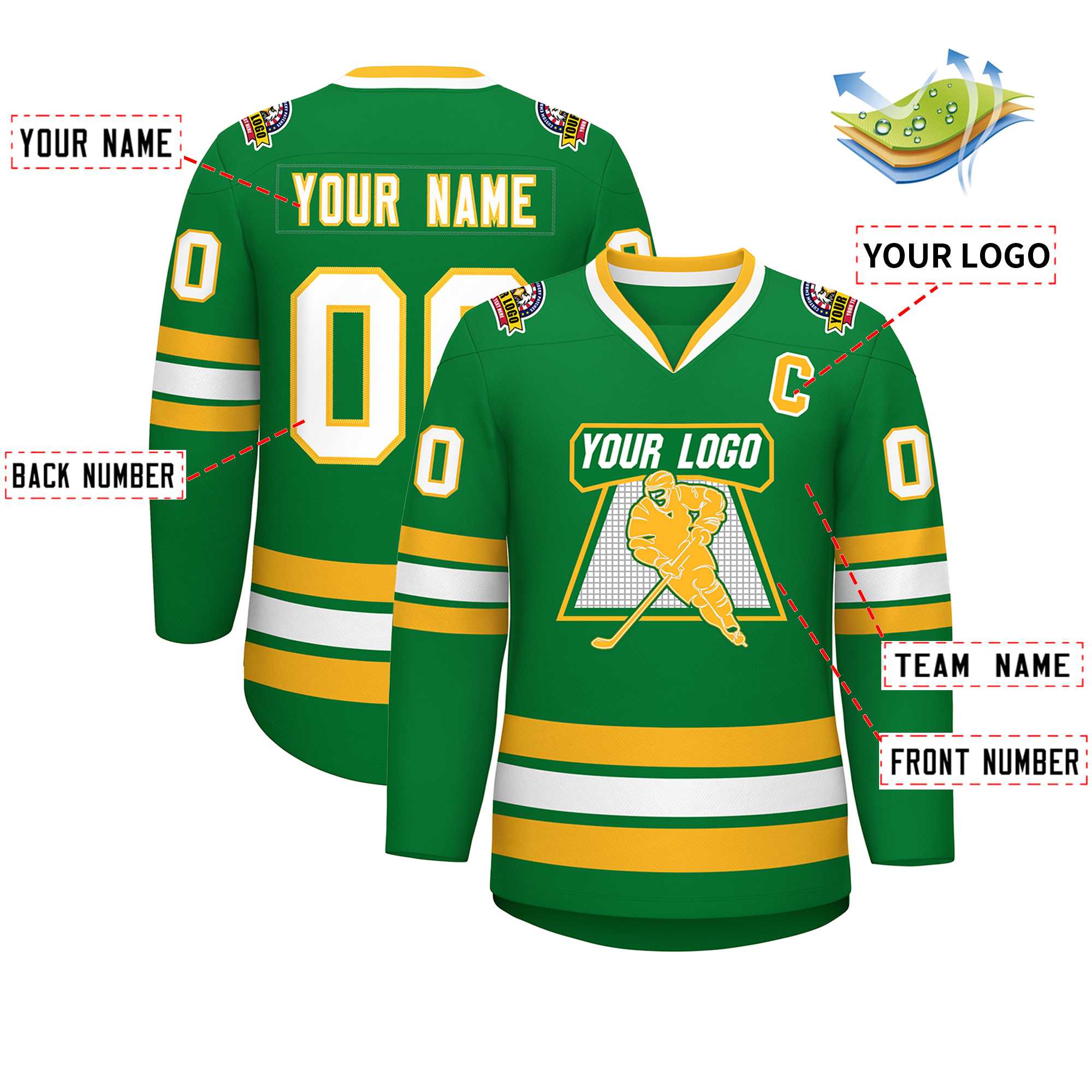 Custom Kelly Green White-Gold Classic Style Hockey Jersey