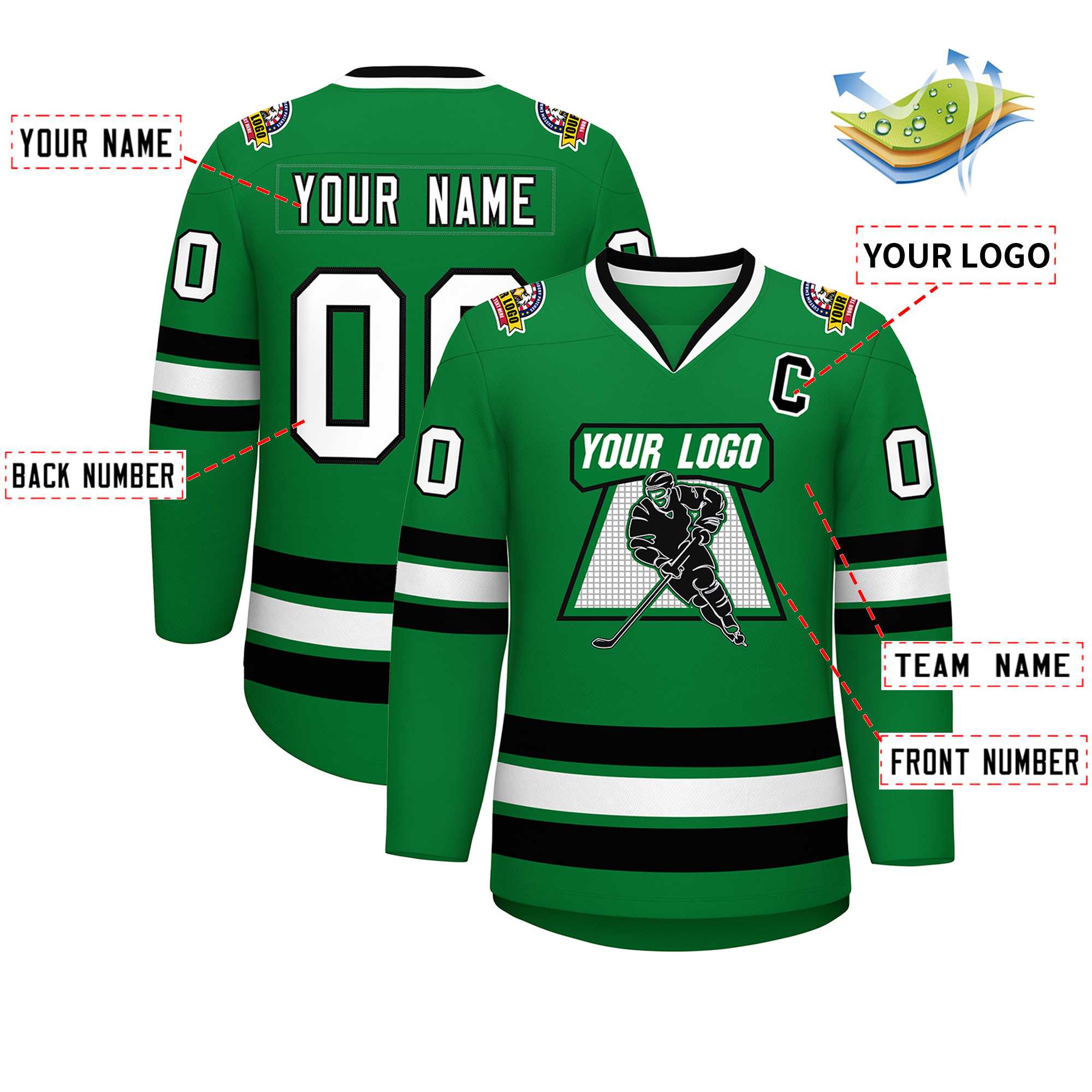 Maillot de hockey de style classique Kelly vert blanc-noir personnalisé