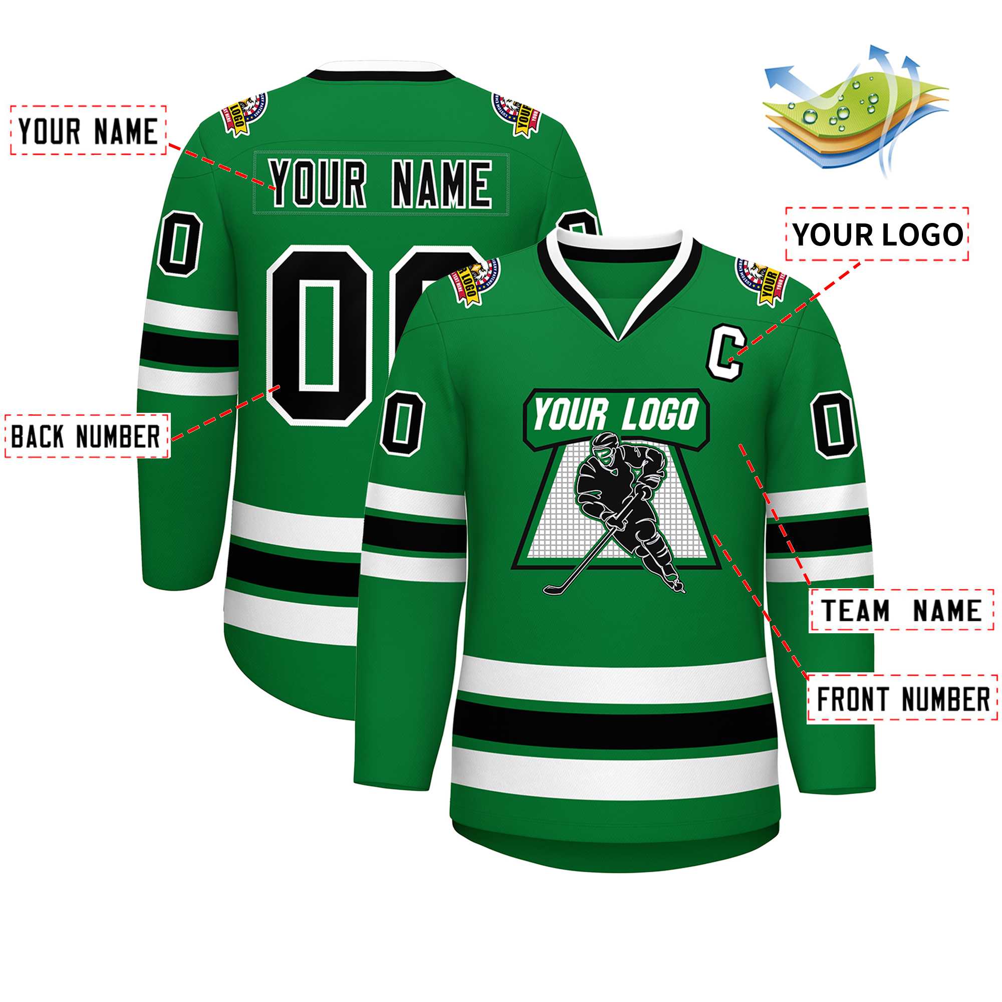 Maillot de hockey de style classique Kelly Green noir-blanc personnalisé