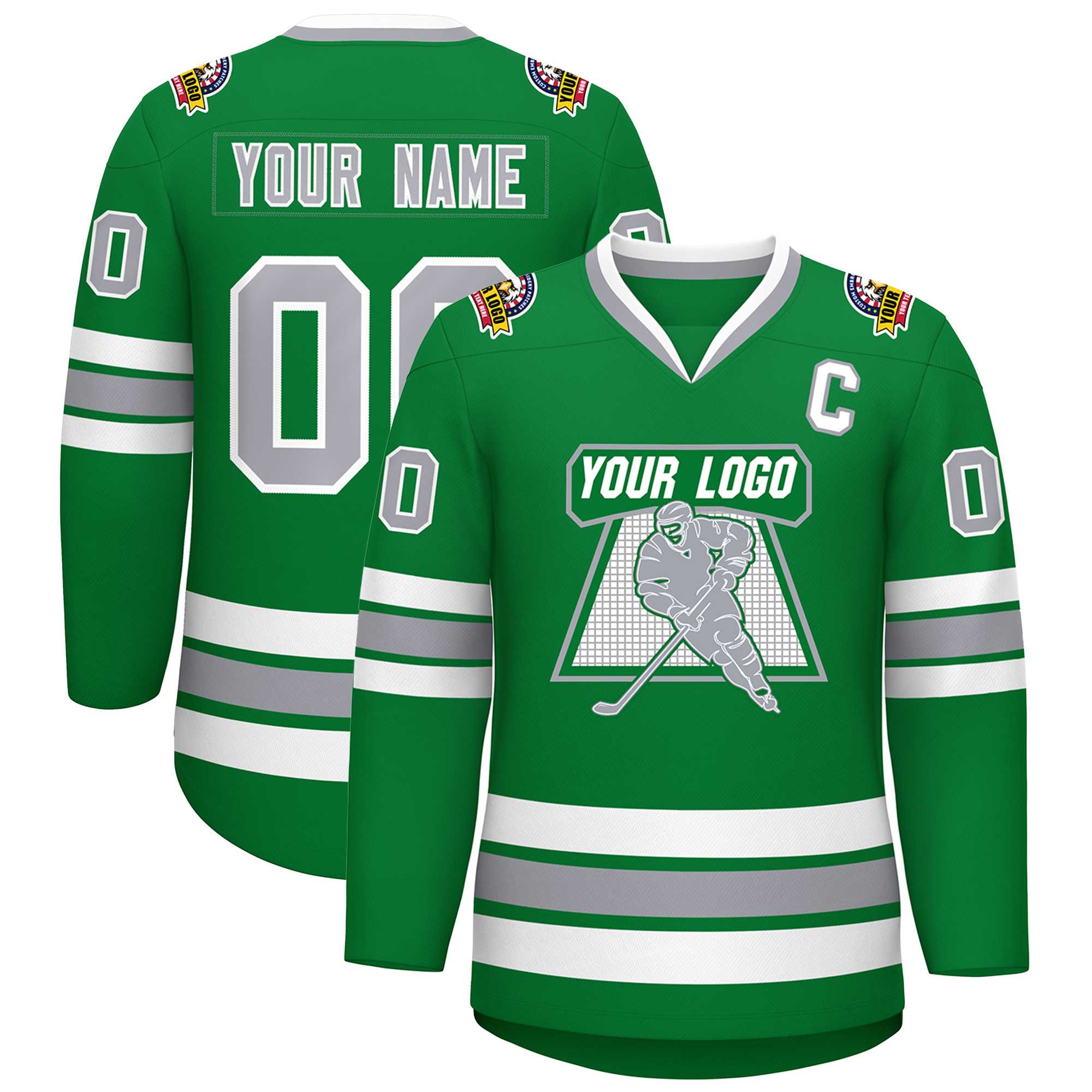 Custom Kelly Green Gray-White Classic Style Hockey Jersey