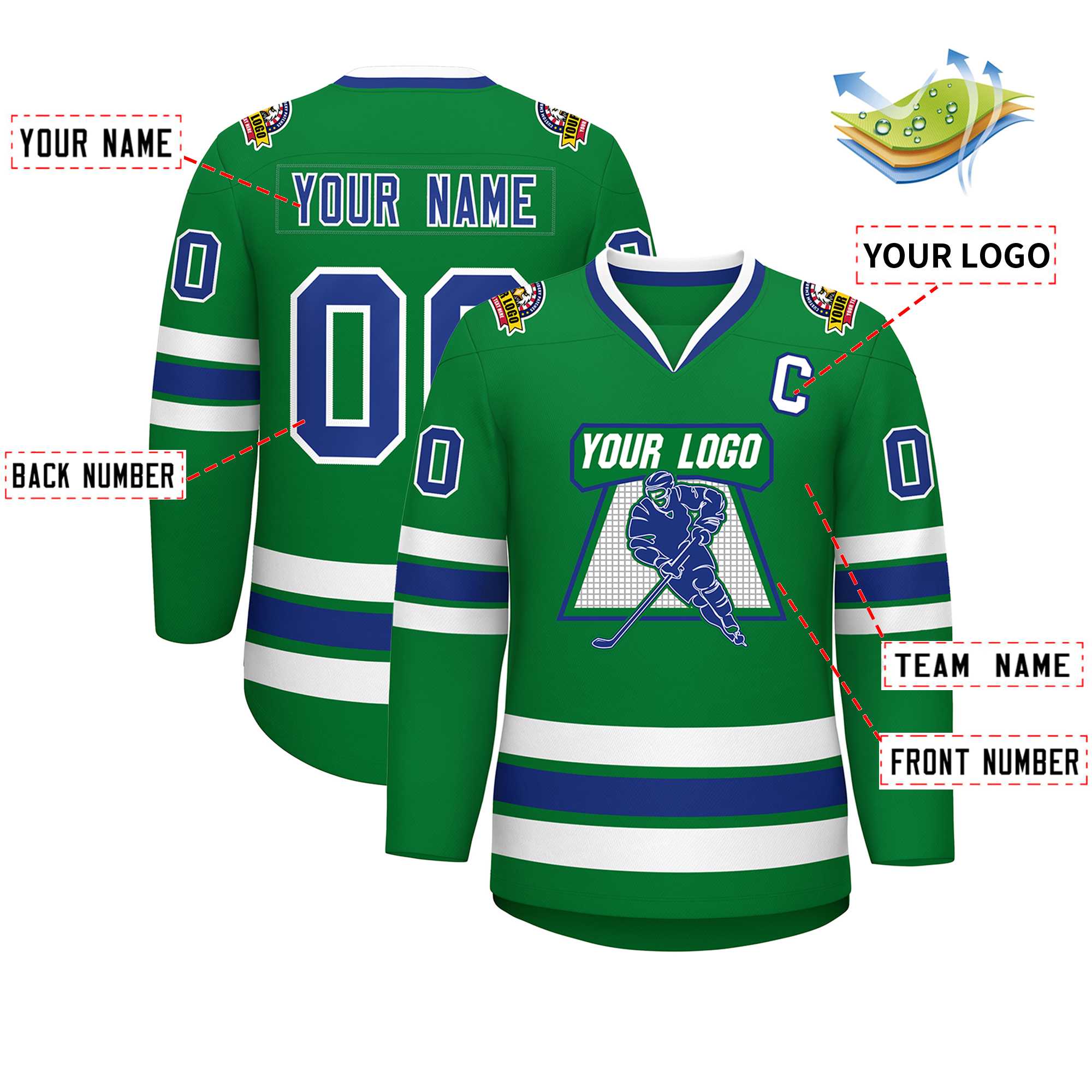 Custom Kelly Green Royal-White Classic Style Hockey Jersey