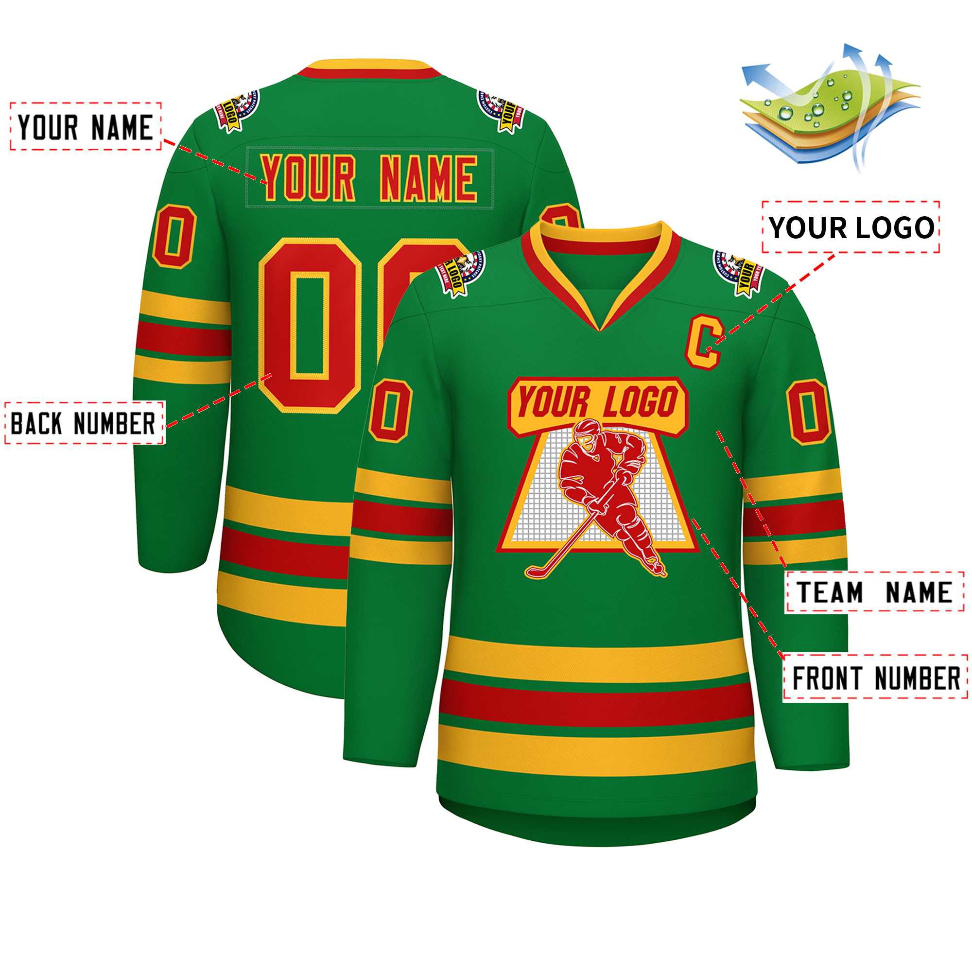 Custom Kelly Green Red-Gold Classic Style Hockey Jersey