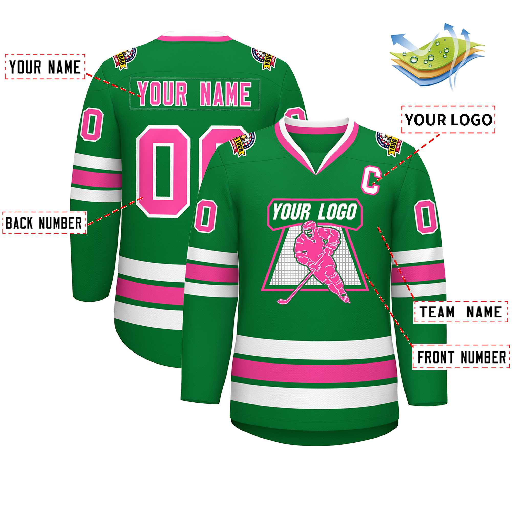 Maillot de hockey de style classique personnalisé Kelly vert rose-blanc