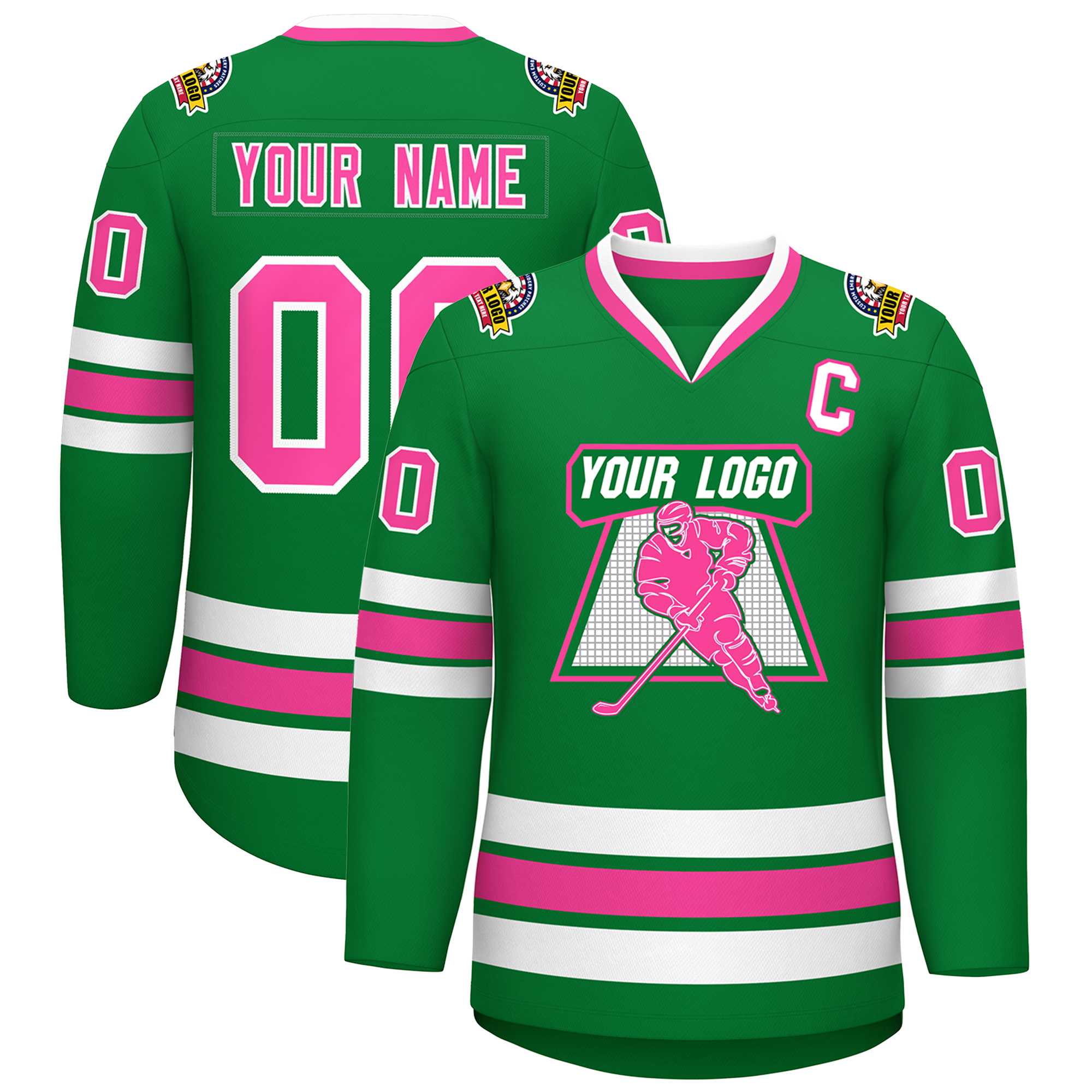 Custom Kelly Green Pink-White Classic Style Hockey Jersey