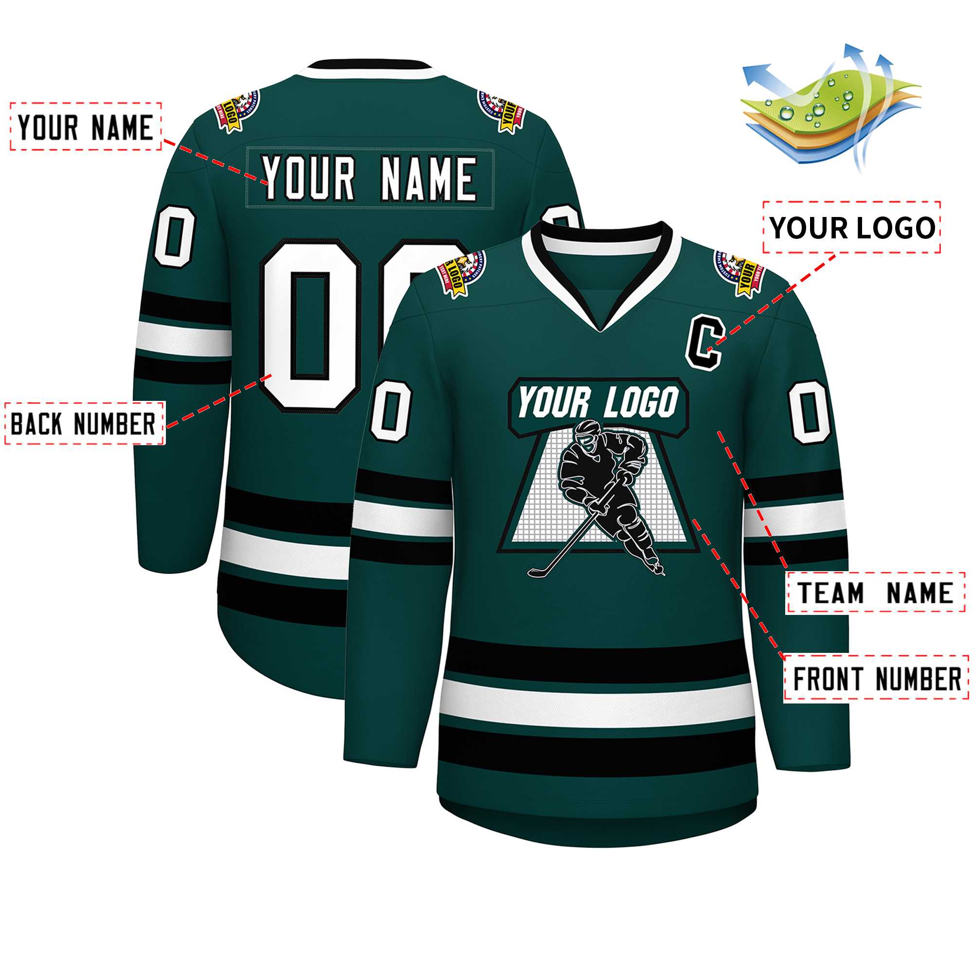 Maillot de hockey de style classique personnalisé vert minuit blanc-noir