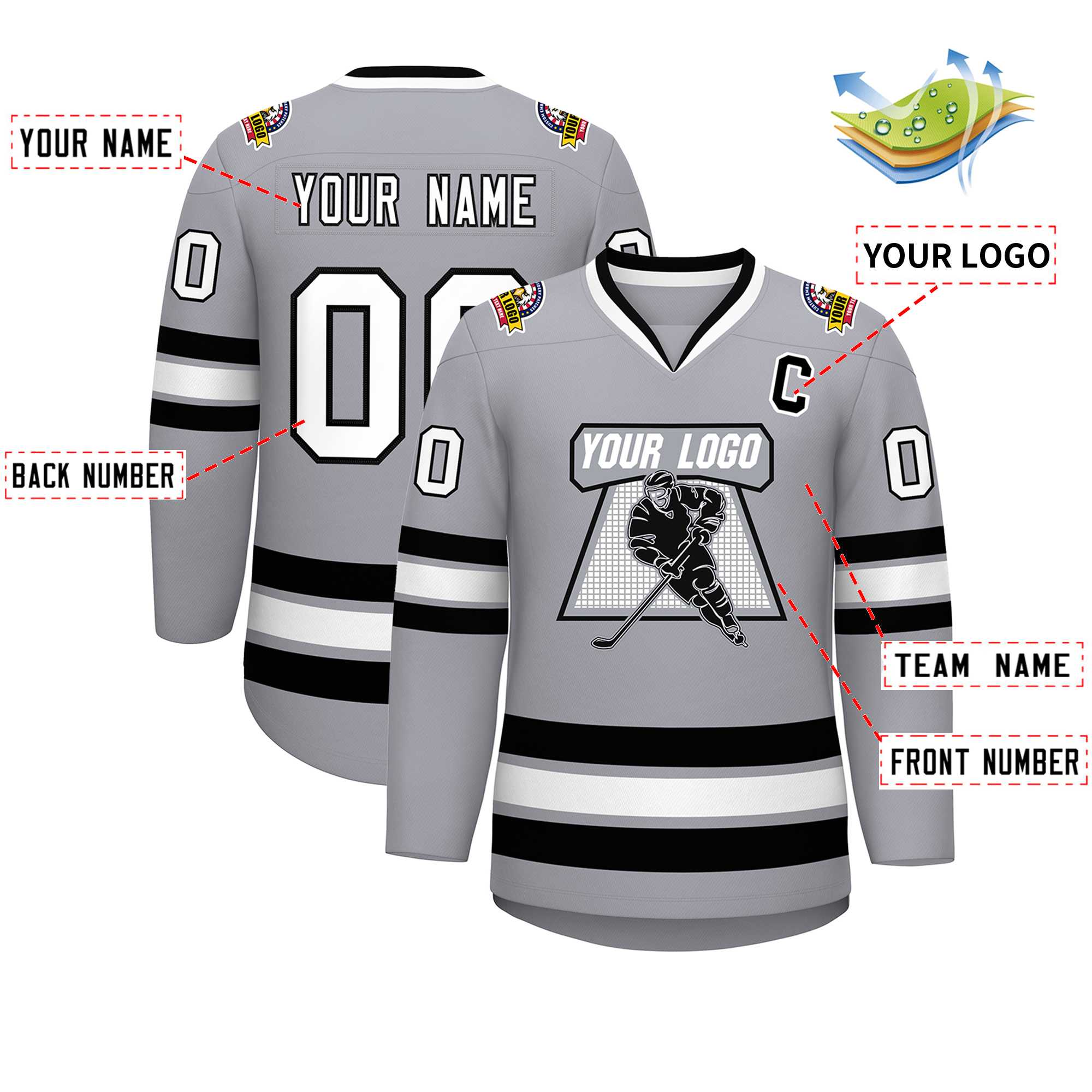 Maillot de hockey de style classique gris blanc-noir personnalisé