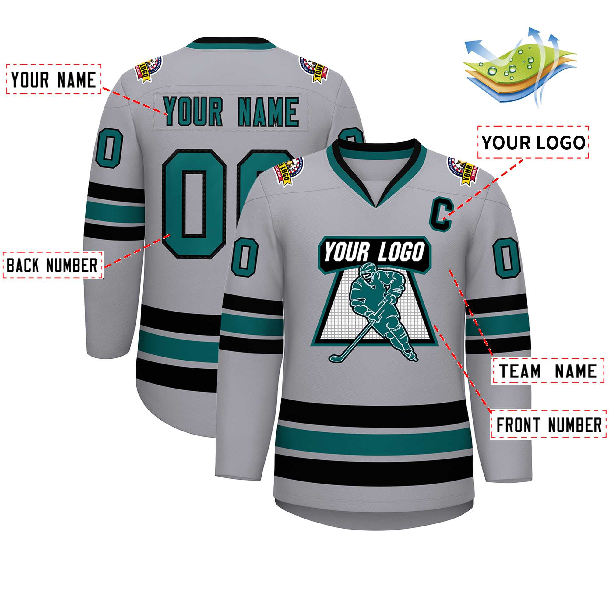 Maillot de hockey de style classique gris Aqua-noir personnalisé