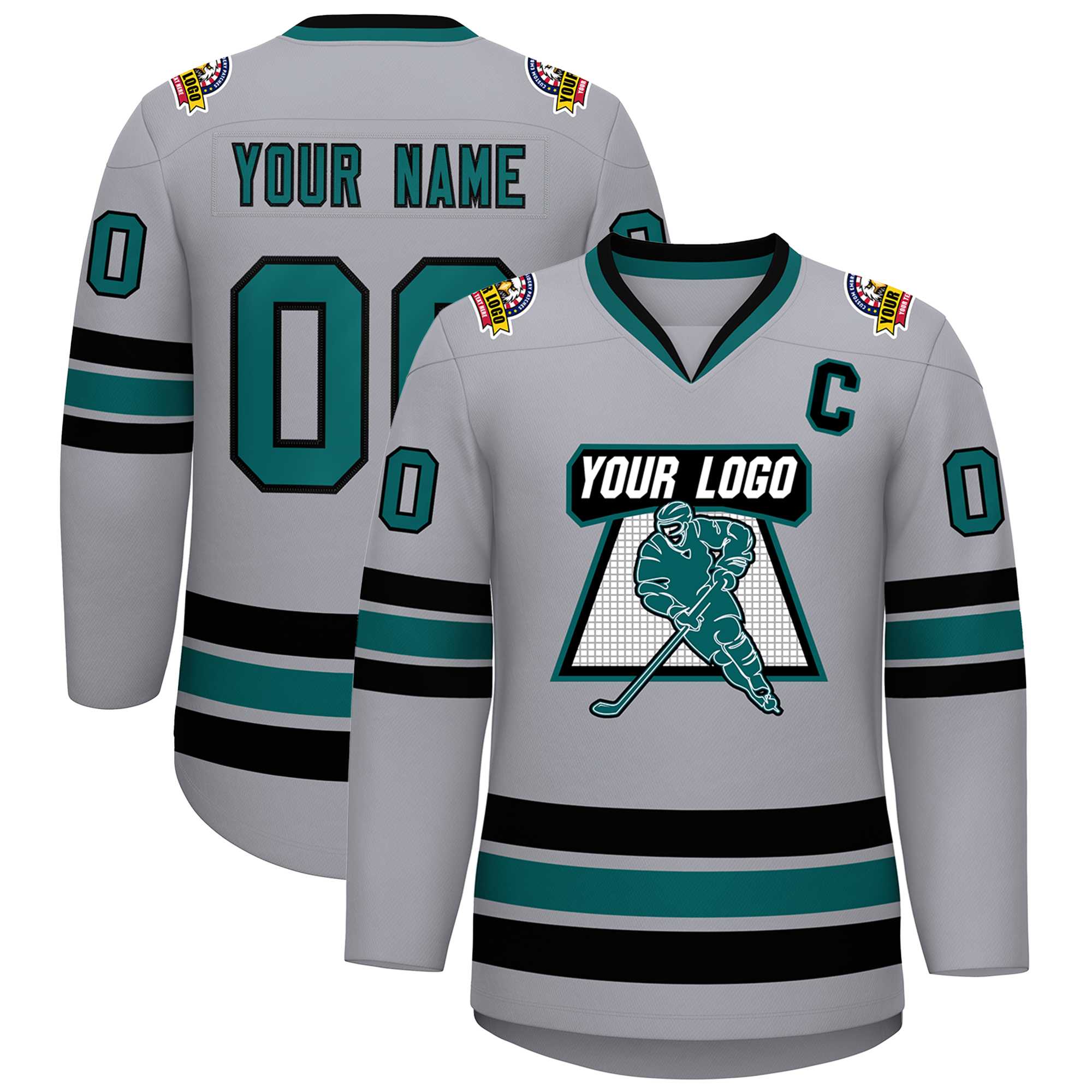 Custom Gray Aqua-Black Classic Style Hockey Jersey