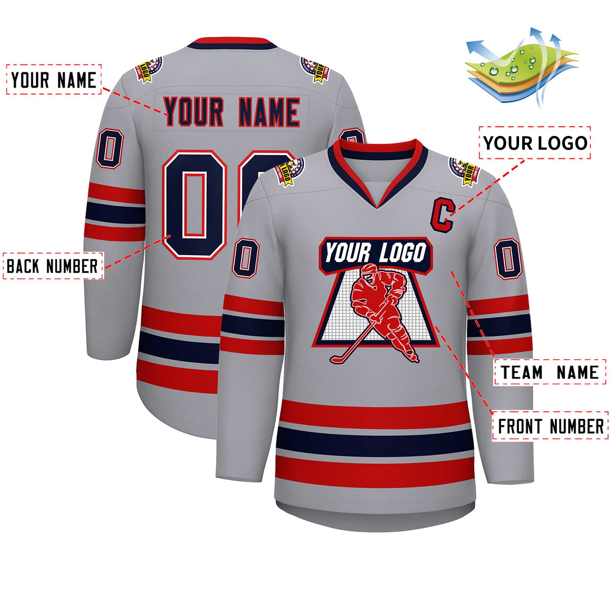 Maillot de hockey de style classique personnalisé gris marine blanc-rouge