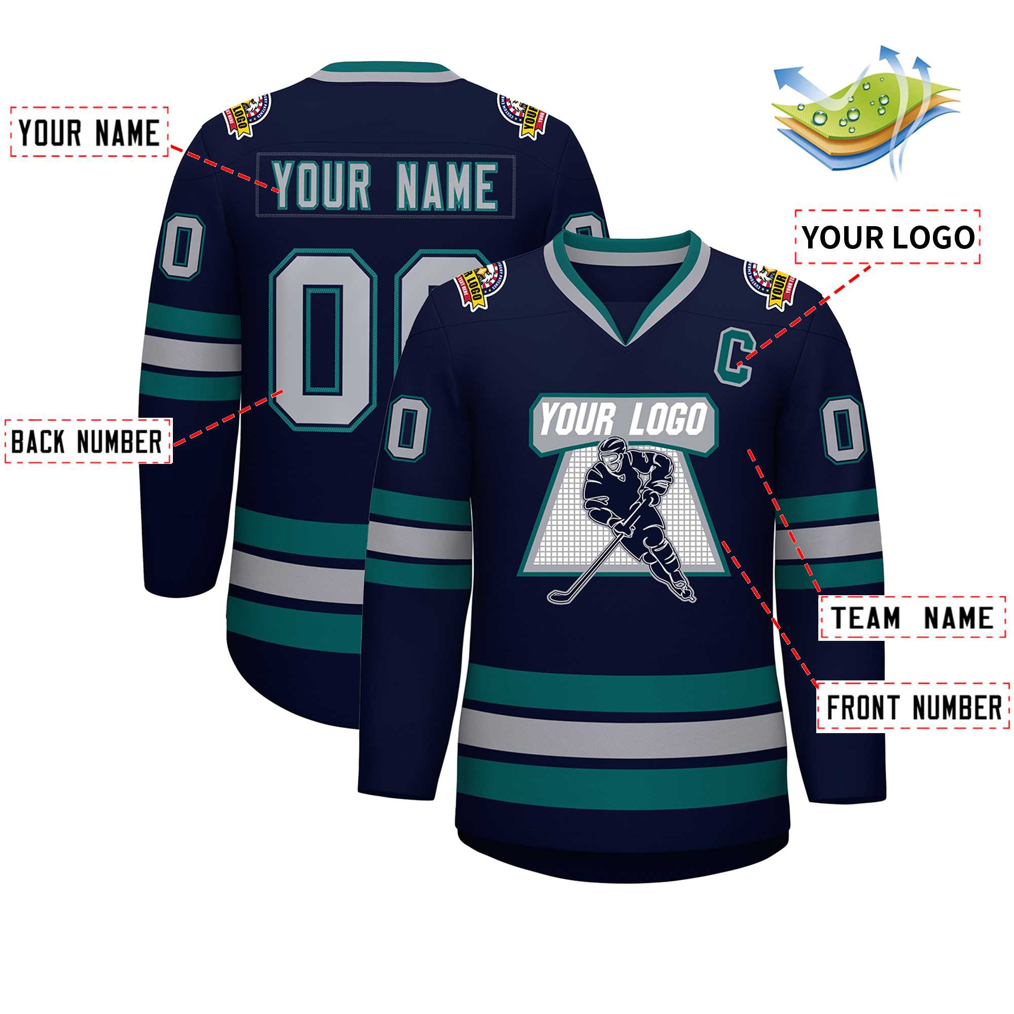 Maillot de hockey personnalisé de style classique, gris marine, marine-aqua