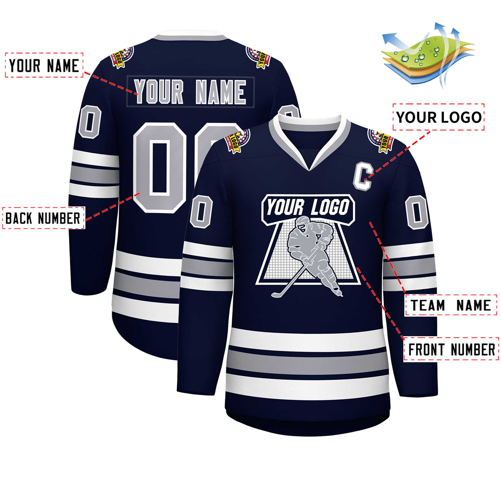 Maillot de hockey de style classique gris-blanc personnalisé