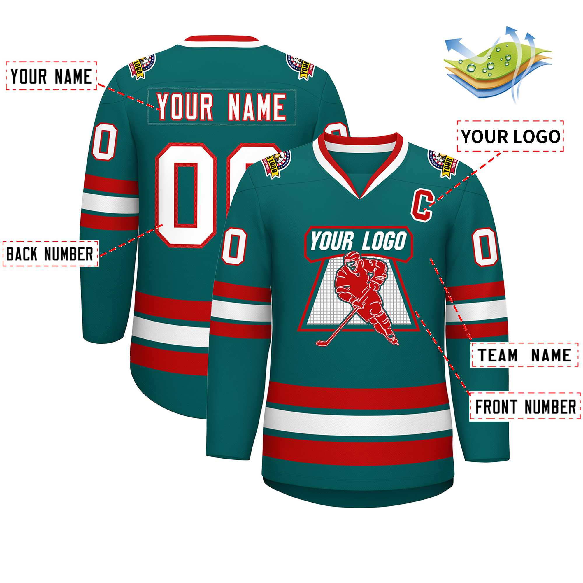 Custom Aqua White-Red Classic Style Hockey Jersey