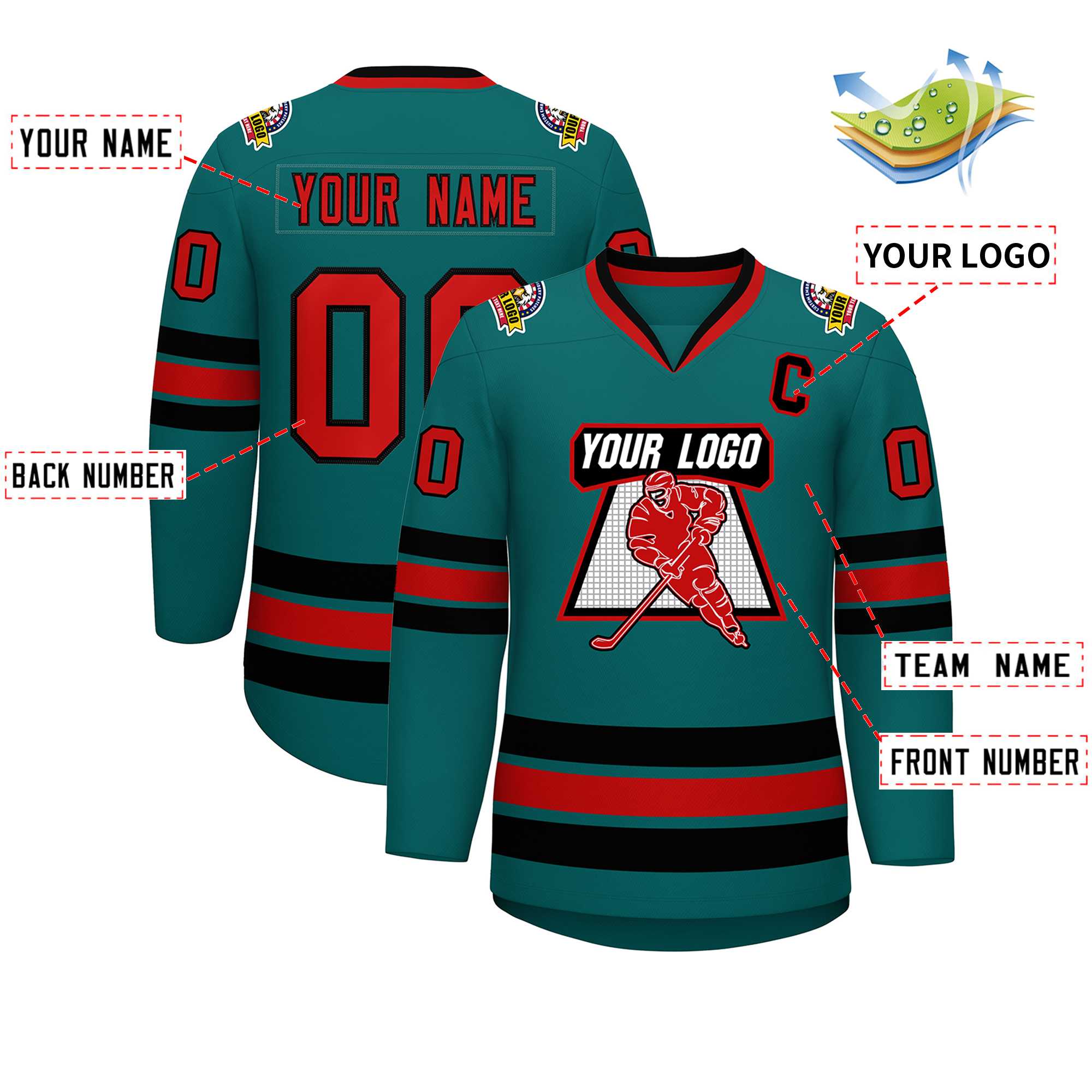 Custom Aqua Red-Black Classic Style Hockey Jersey