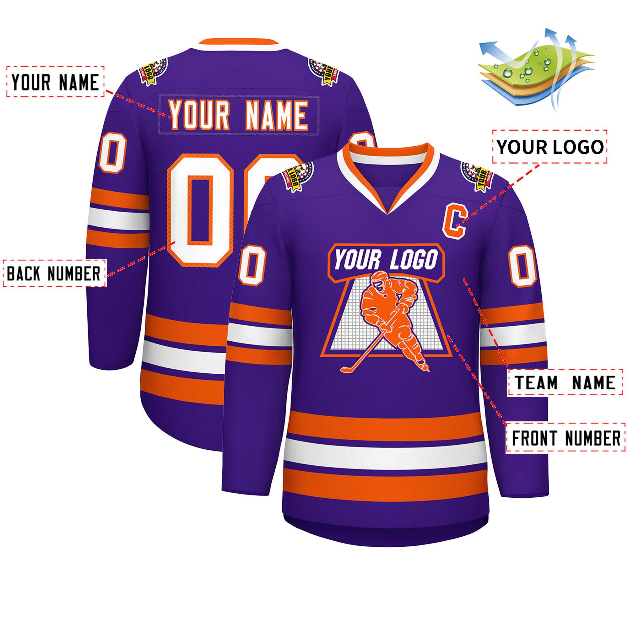 Maillot de hockey de style classique violet blanc-orange personnalisé