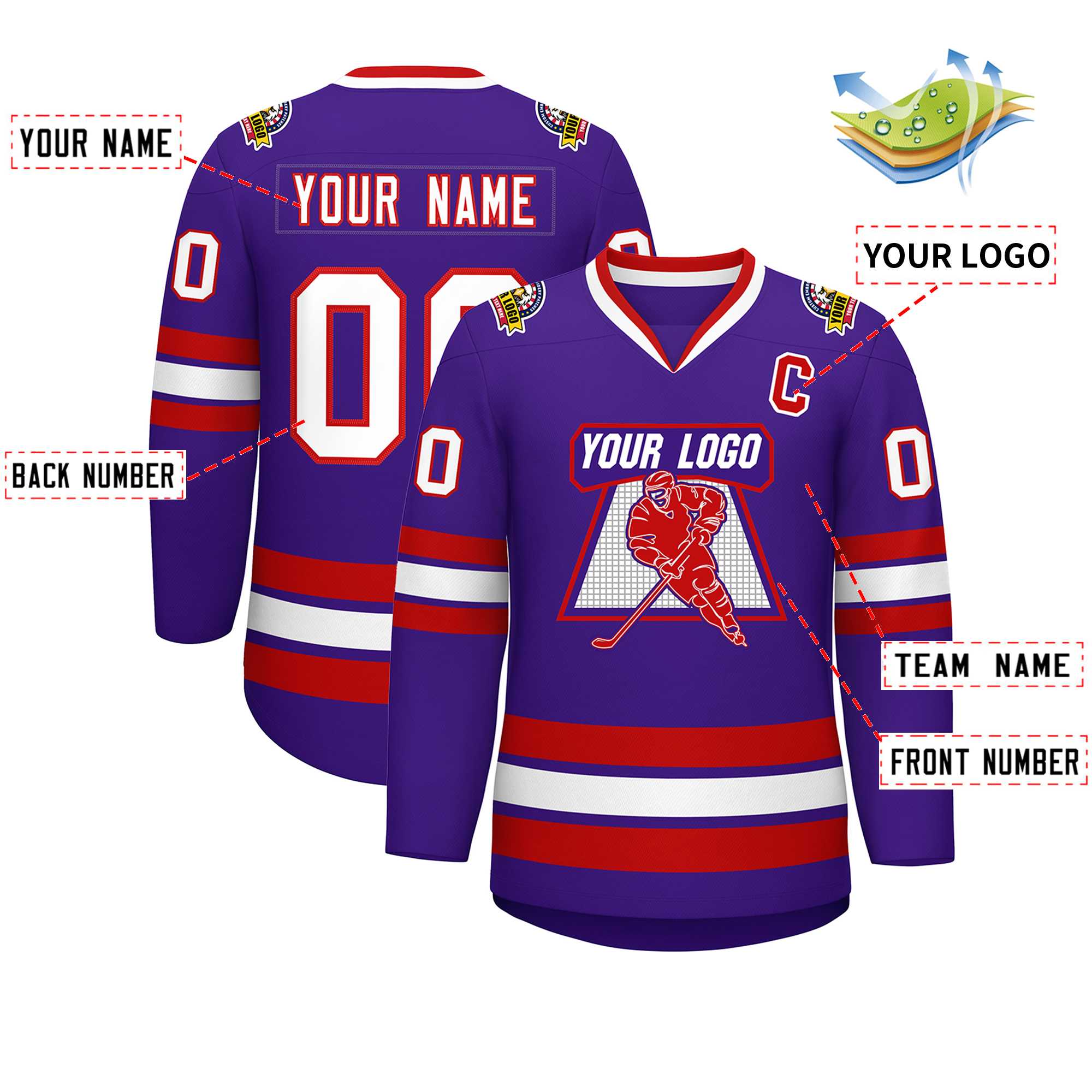 Maillot de hockey de style classique violet blanc-rouge personnalisé