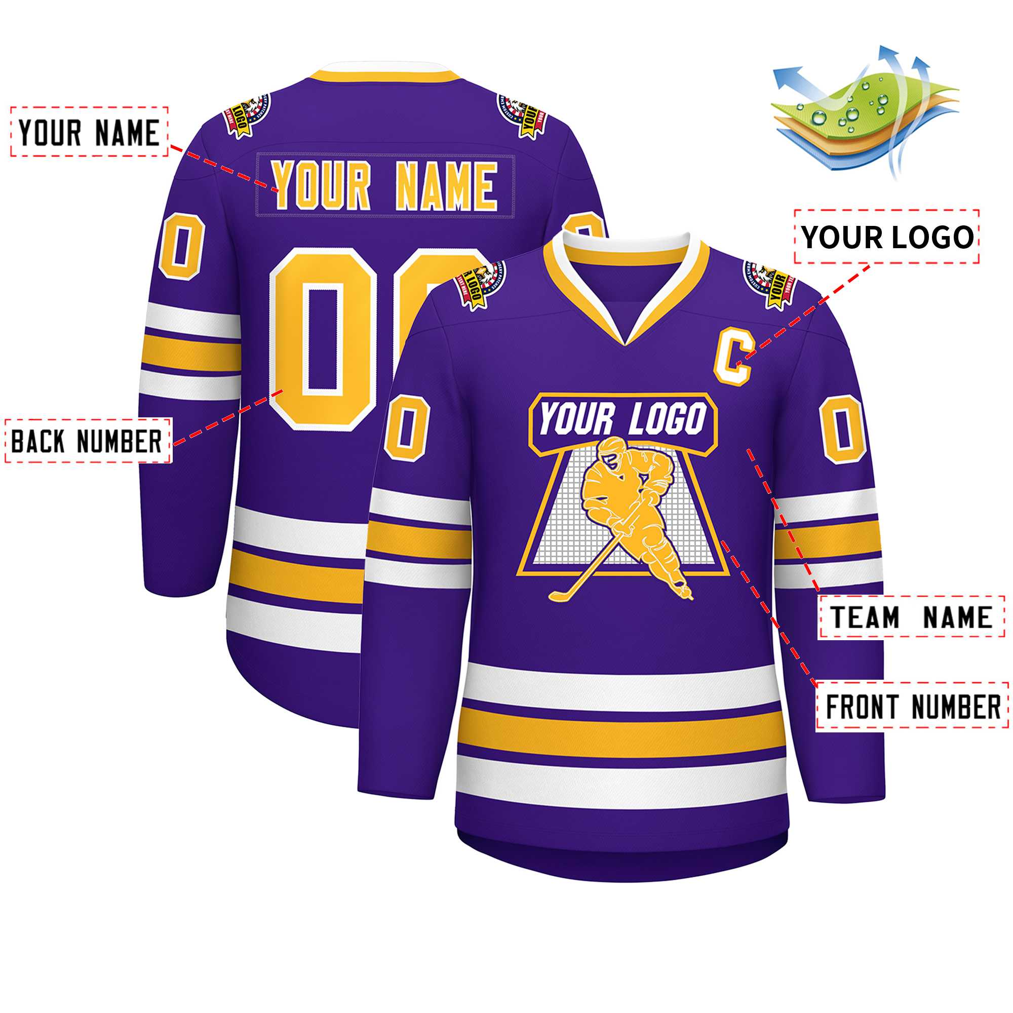 Maillot de hockey de style classique violet or-blanc personnalisé