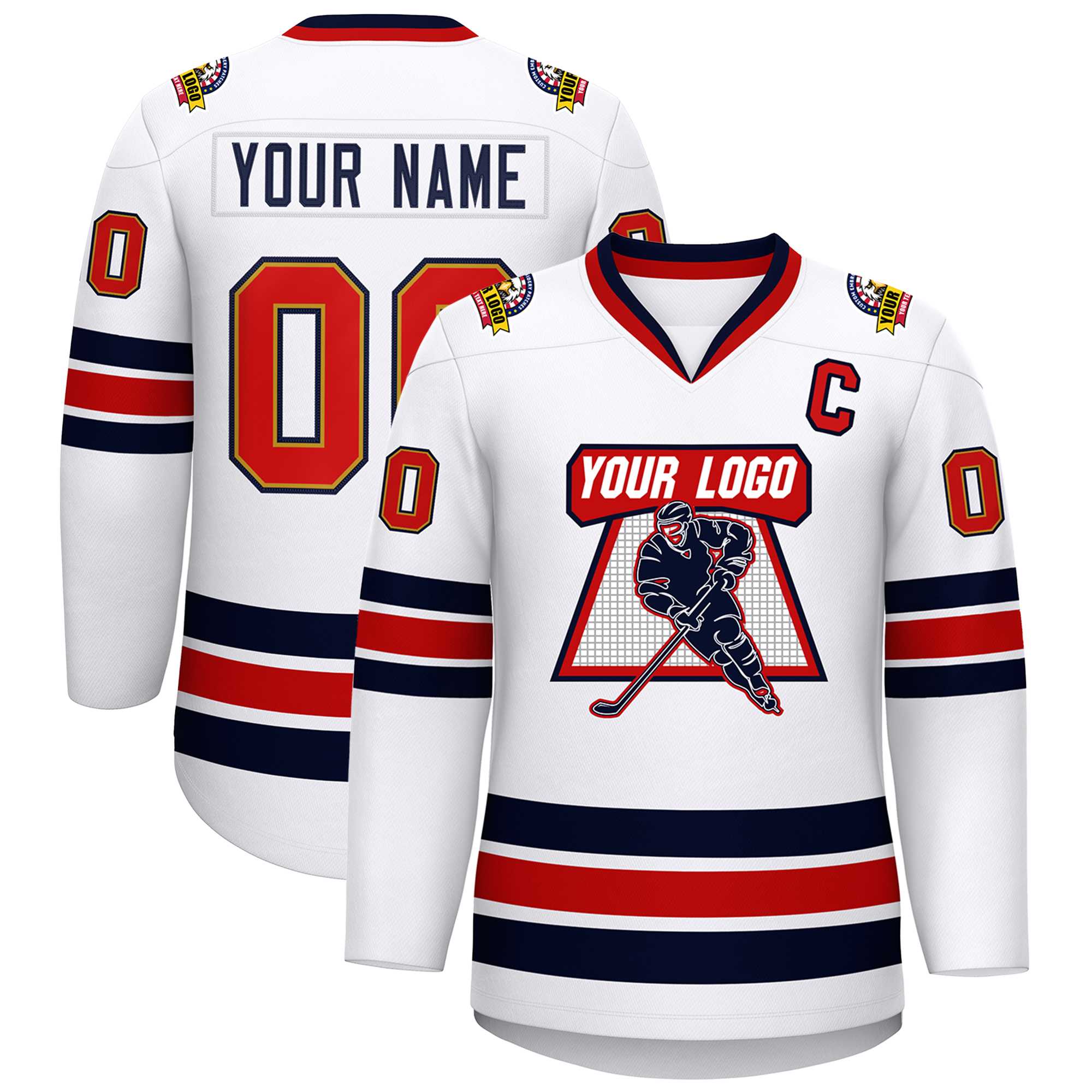 Custom White Navy Old Gold-Red Classic Style Hockey Jersey