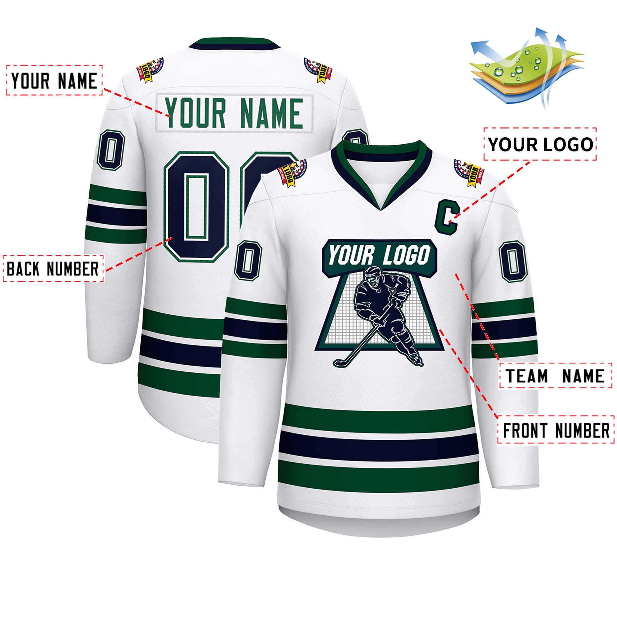 Maillot de hockey de style classique blanc-vert personnalisé blanc marine