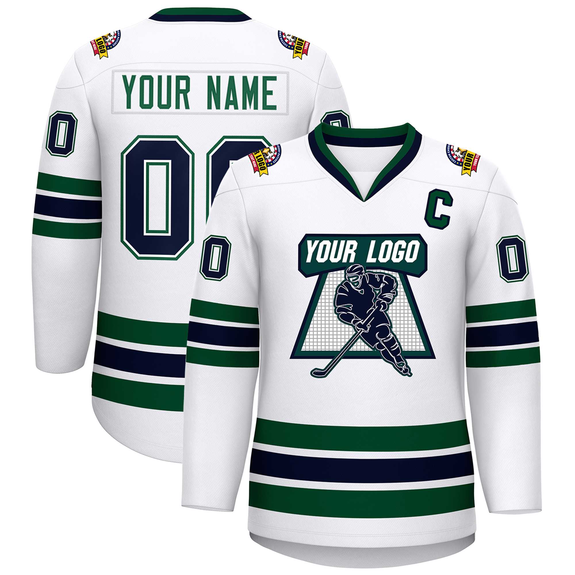 Custom White Navy White-Green Classic Style Hockey Jersey