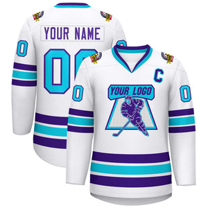 Custom White Purple-Powder Blue Classic Style Hockey Jersey