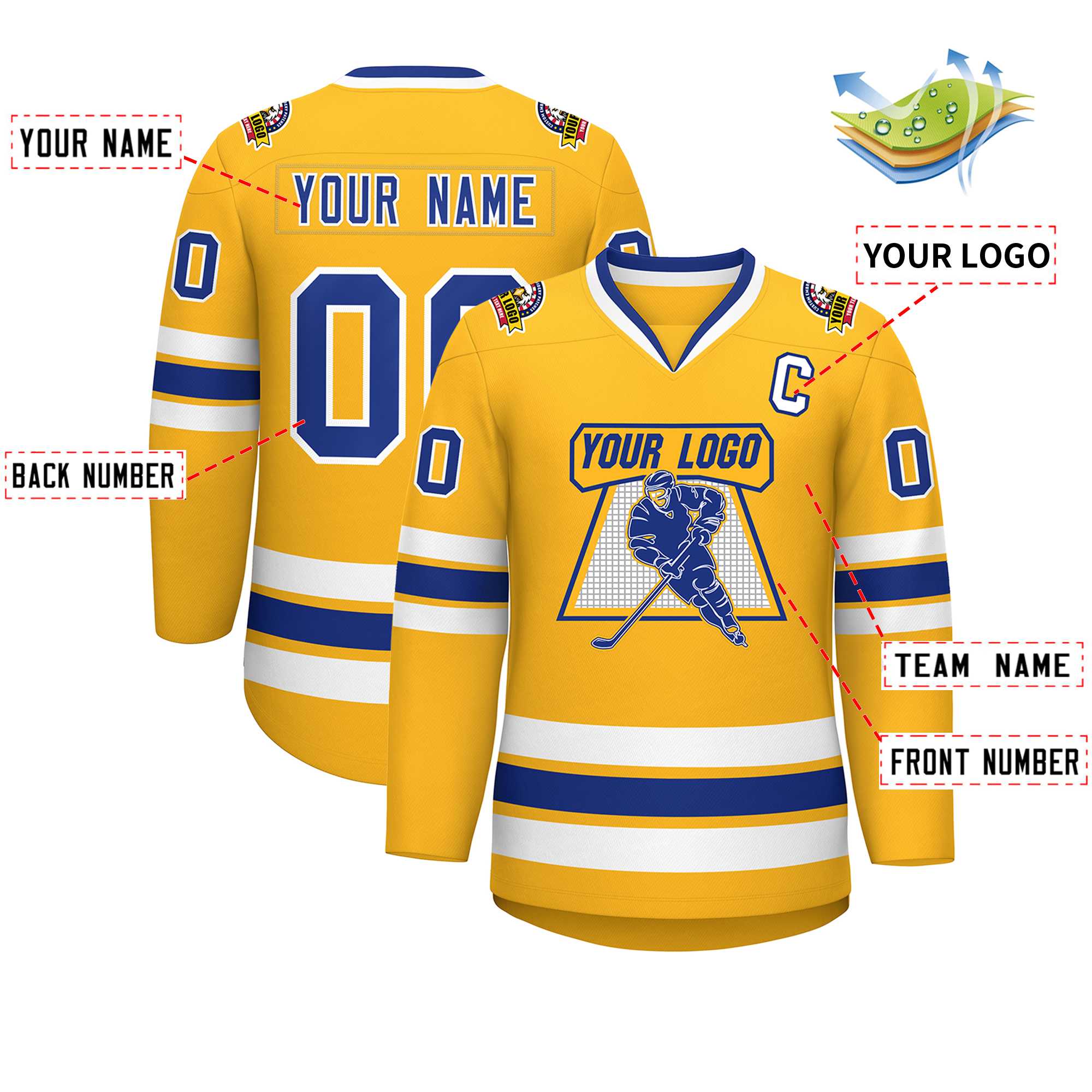 Maillot de hockey de style classique Royal-White personnalisé en or