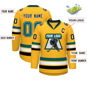 Maillot de hockey de style classique personnalisé Gold Aqua blanc-noir