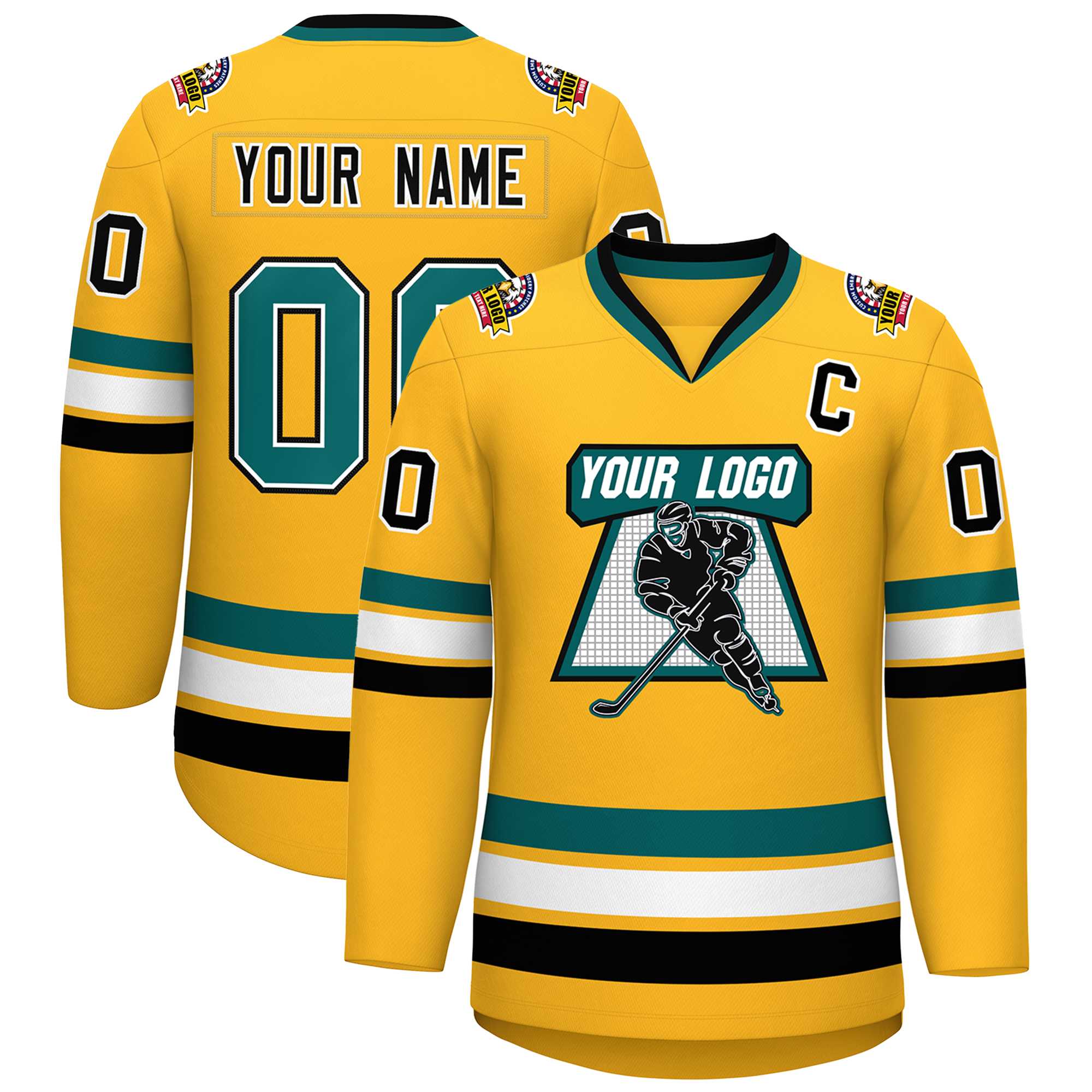 Custom Gold Aqua White-Black Classic Style Hockey Jersey