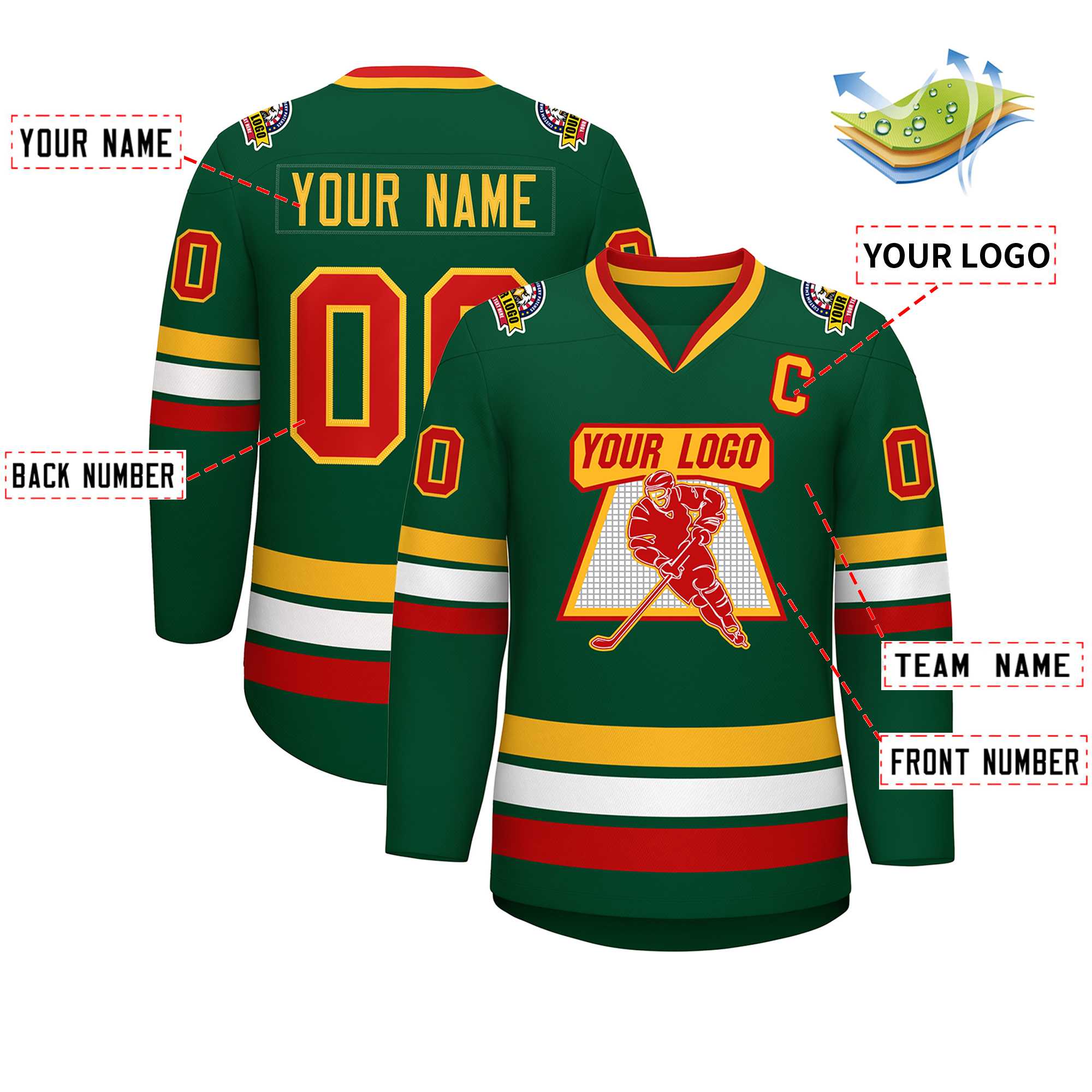 Maillot de hockey de style classique vert rouge-or personnalisé