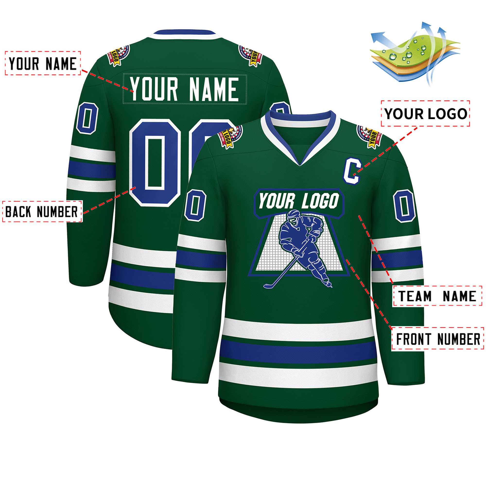 Maillot de hockey de style classique vert Royal-blanc personnalisé