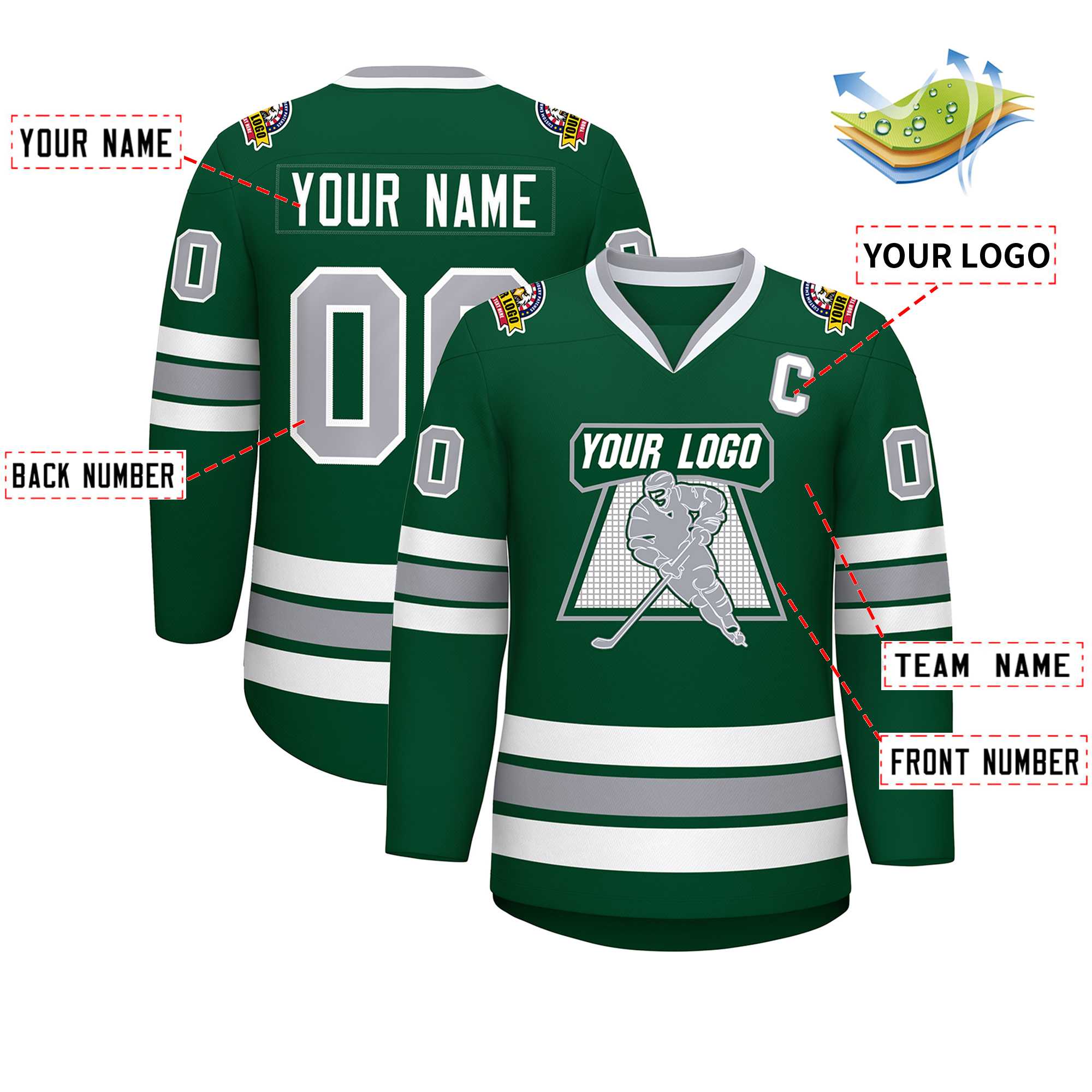 Maillot de hockey de style classique vert gris-blanc personnalisé