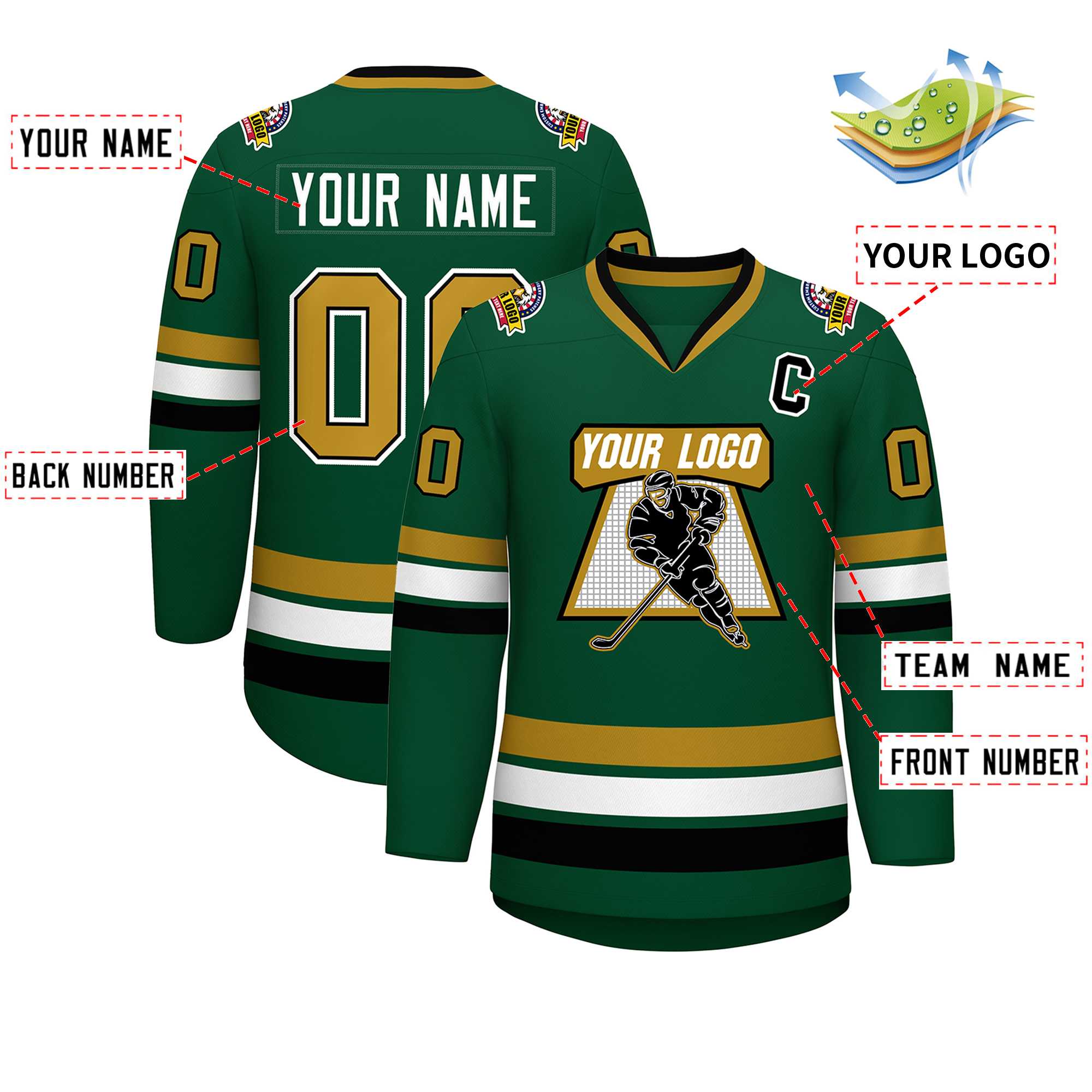 Custom Green Old Gold Black-White Classic Style Hockey Jersey