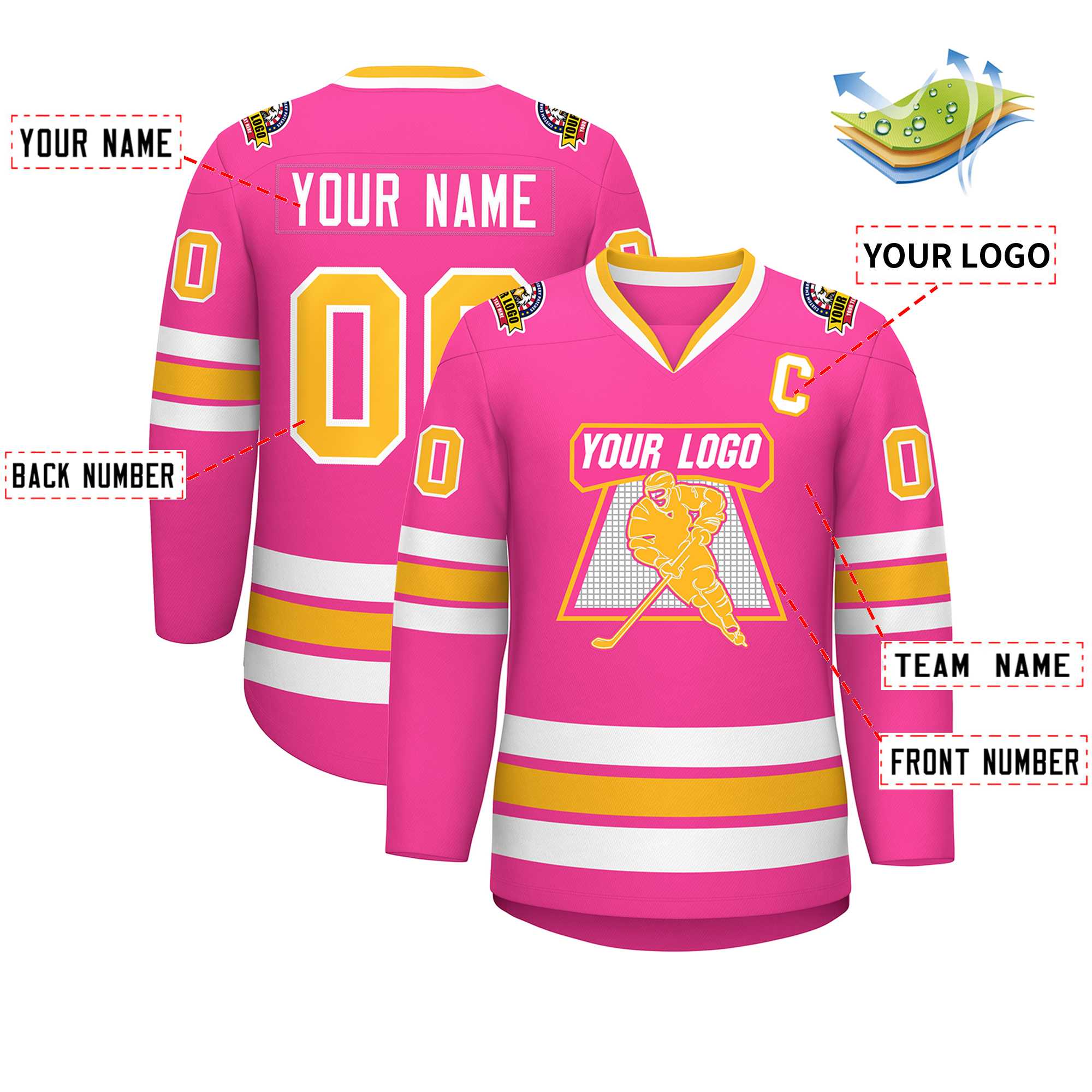 Custom Pink Gold-White Classic Style Hockey Jersey