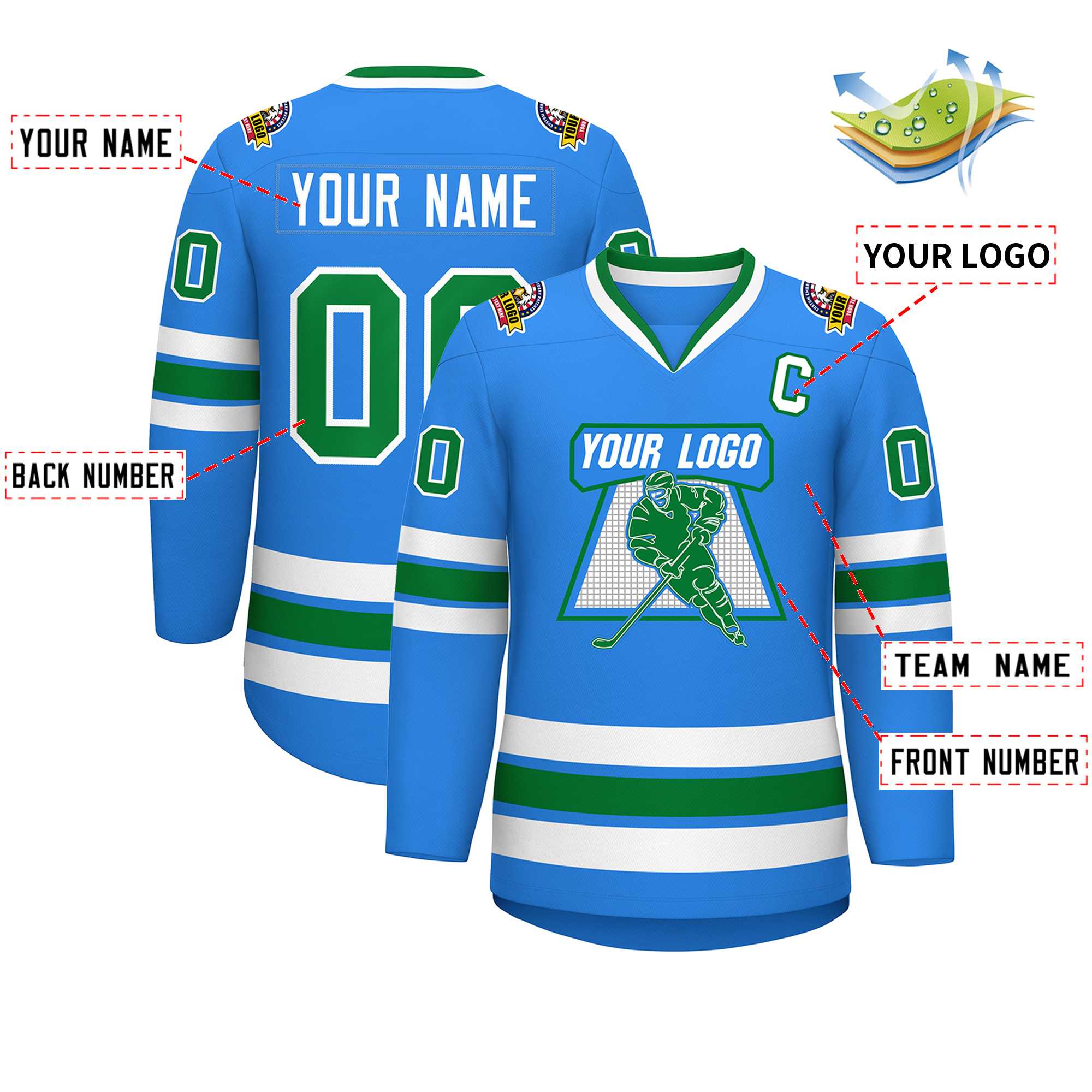 Maillot de hockey de style classique Kelly vert-blanc bleu poudre personnalisé