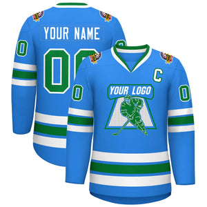 Custom Powder Blue Kelly Green-White Classic Style Hockey Jersey