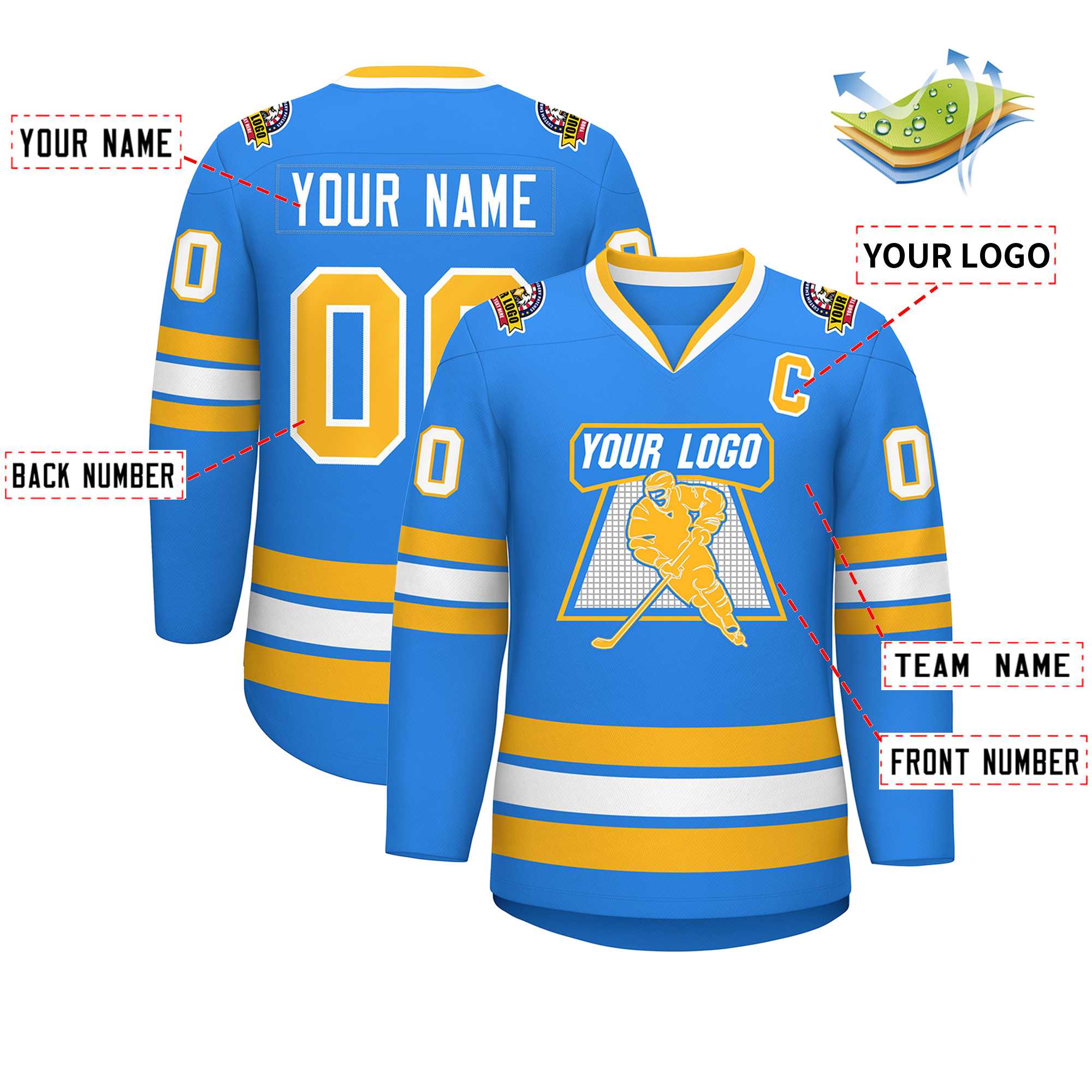 Custom Powder Blue Gold-White Classic Style Hockey Jersey