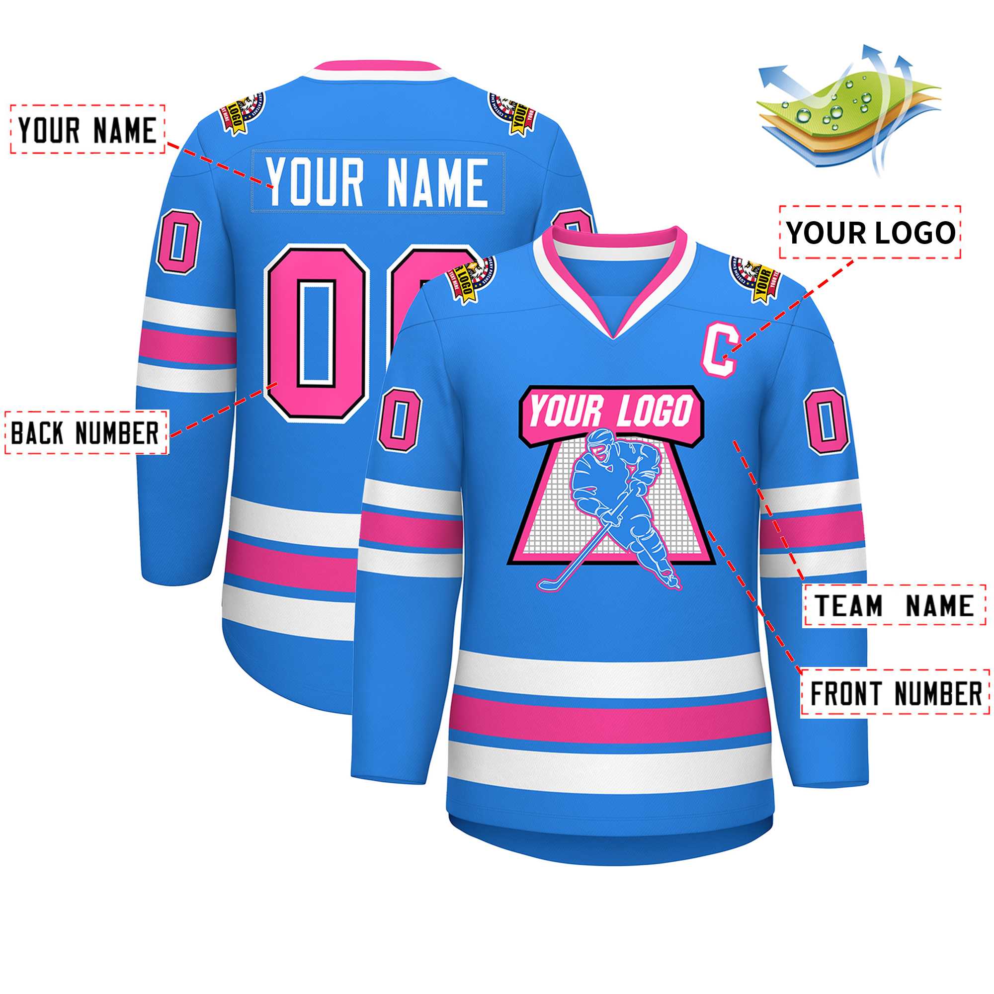 Custom Powder Blue Pink Black-White Classic Style Hockey Jersey