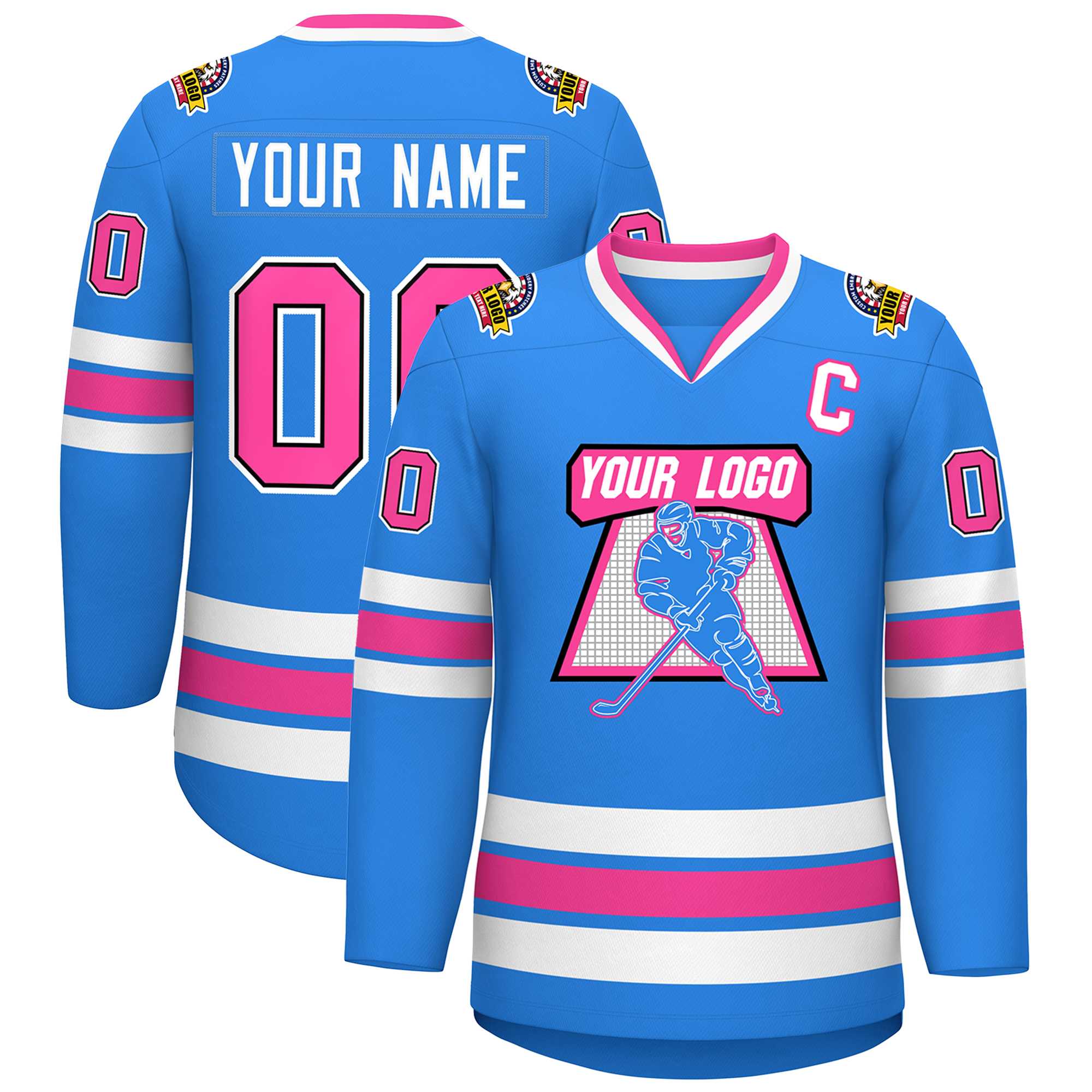 Custom Powder Blue Pink Black-White Classic Style Hockey Jersey